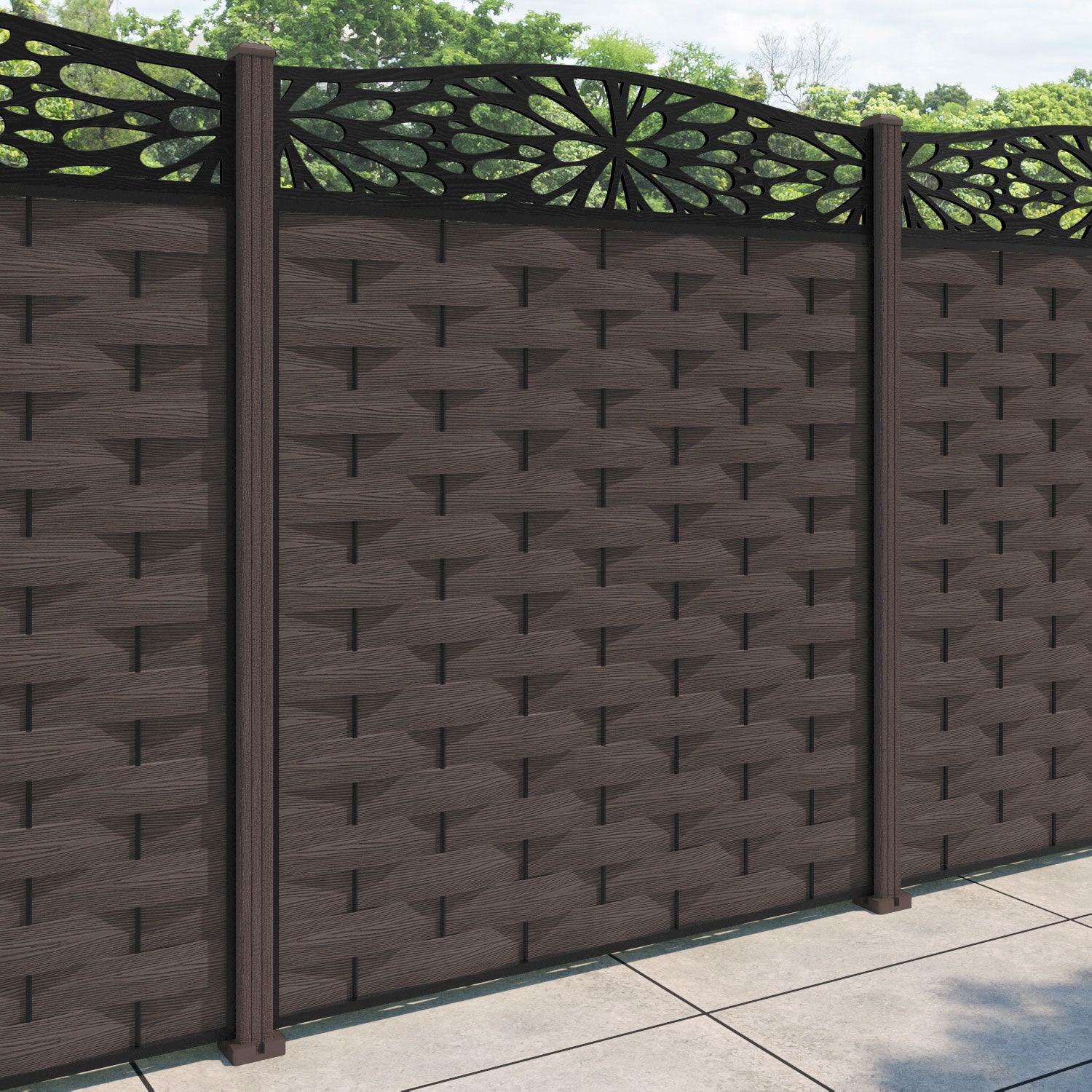 Ripple Blossom Curved Top Fence Panel - Mid Brown - with our composite posts