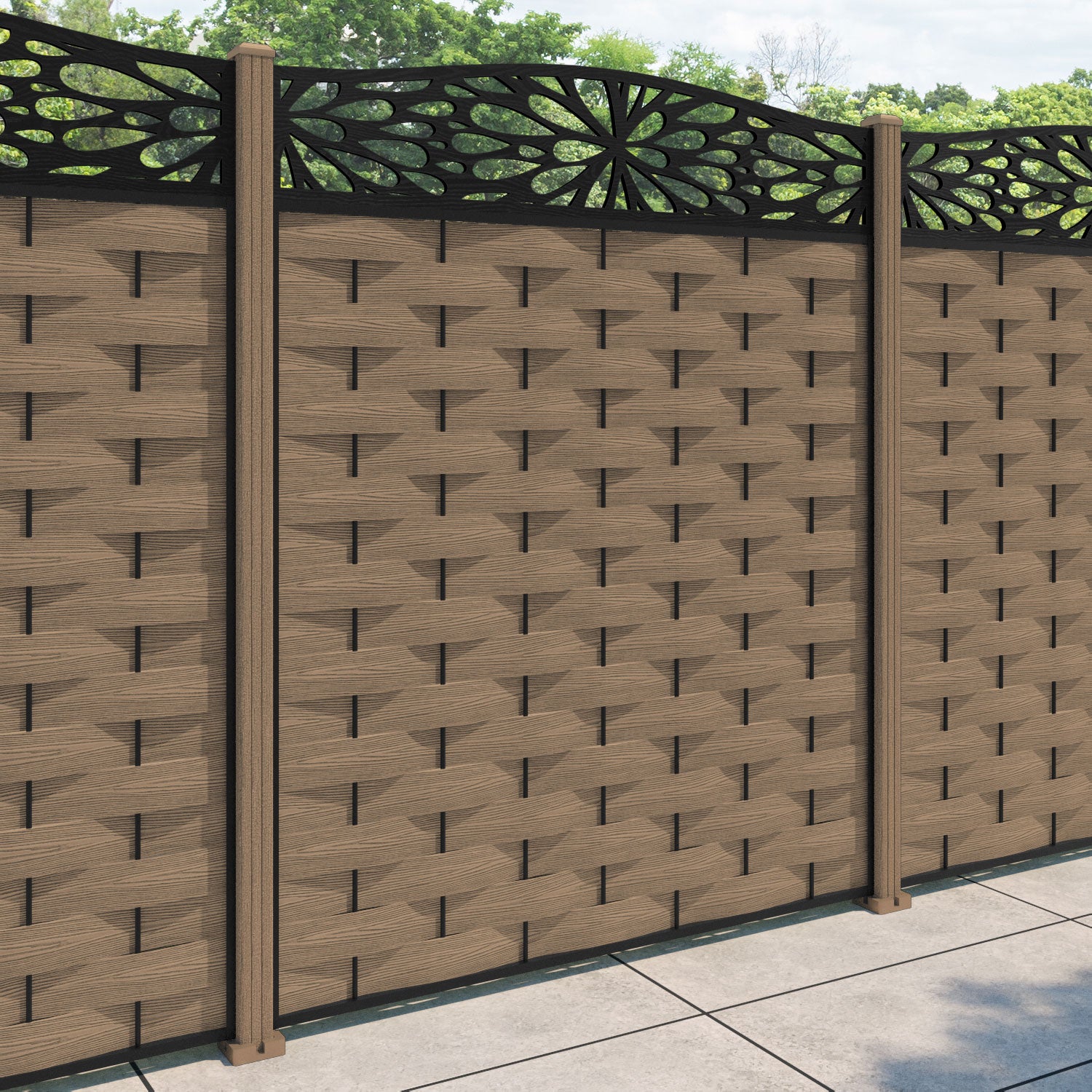 Ripple Blossom Curved Top Fence Panel - Teak - with our composite posts