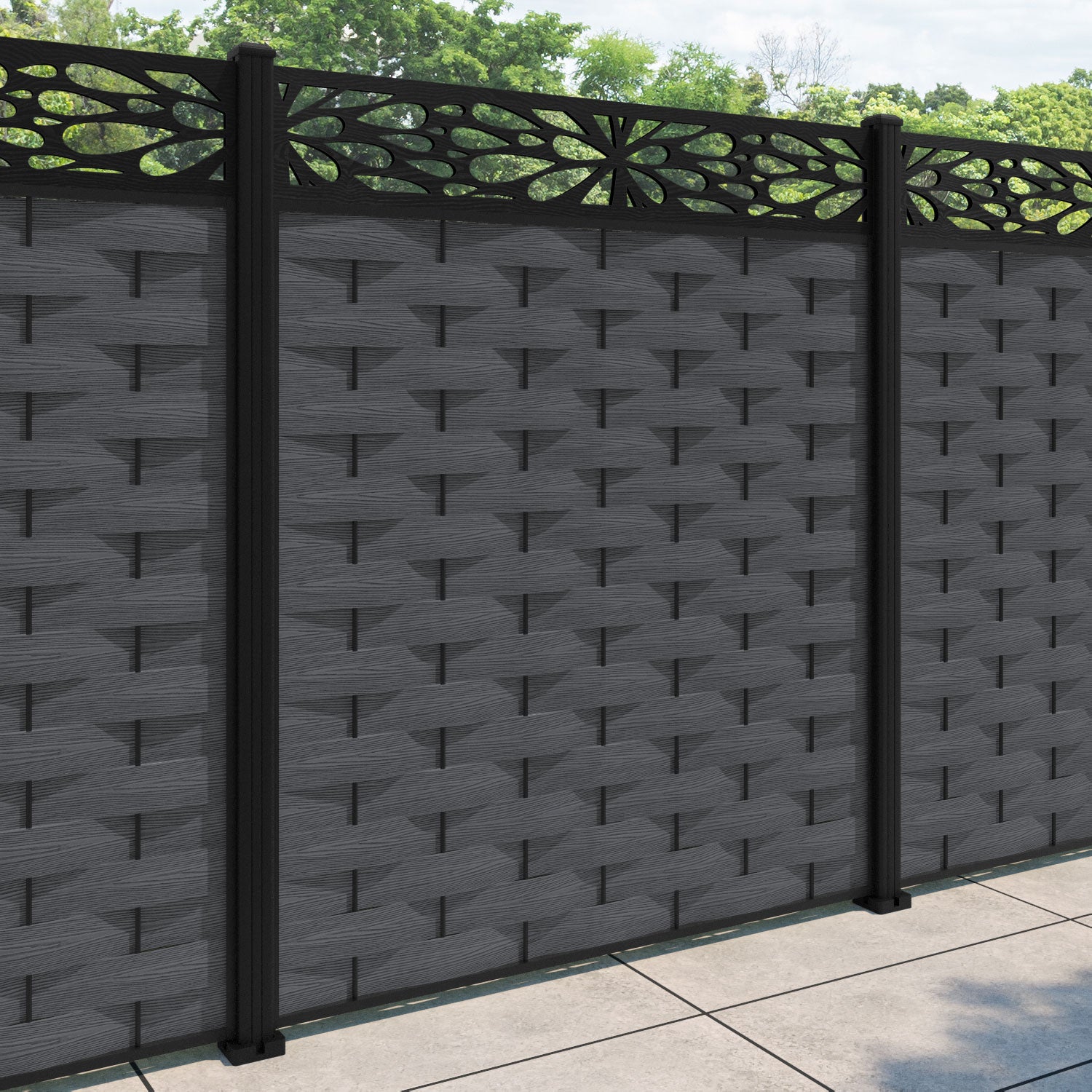 Ripple Blossom Fence Panel - Dark Grey - with our aluminium posts