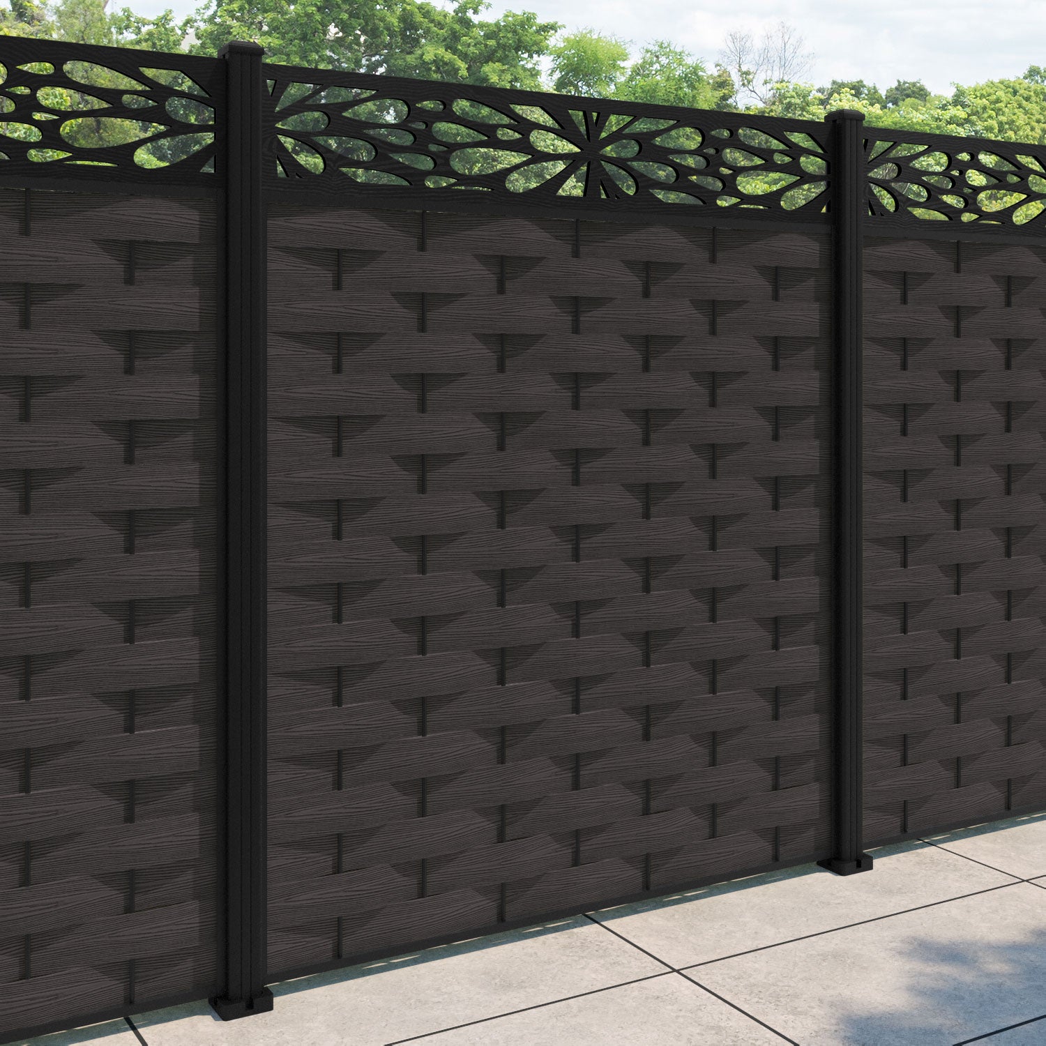 Ripple Blossom Fence Panel - Dark Oak - with our aluminium posts