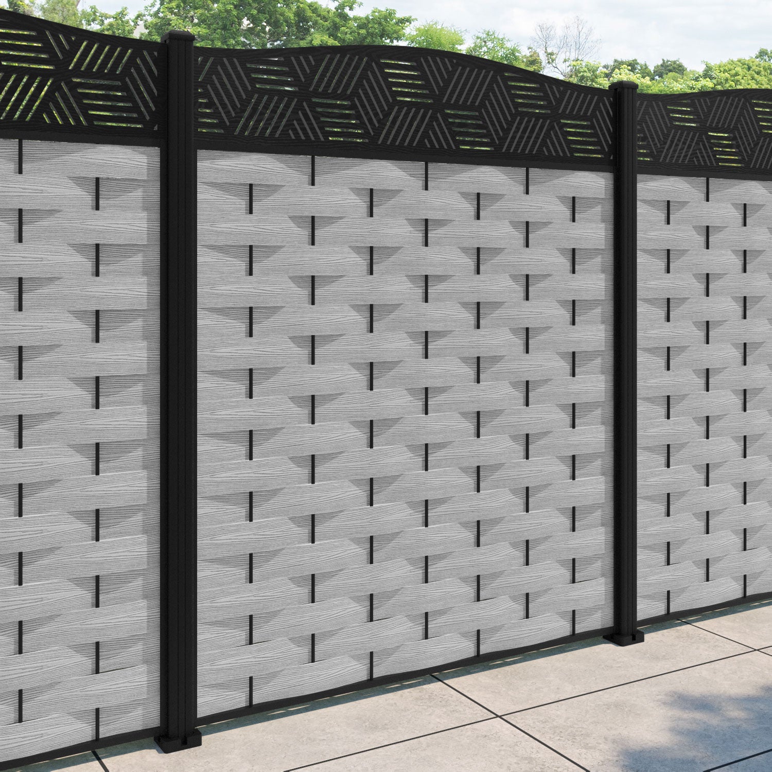 Ripple Cubed Curved Top Fence Panel - Light Grey - with our aluminium posts