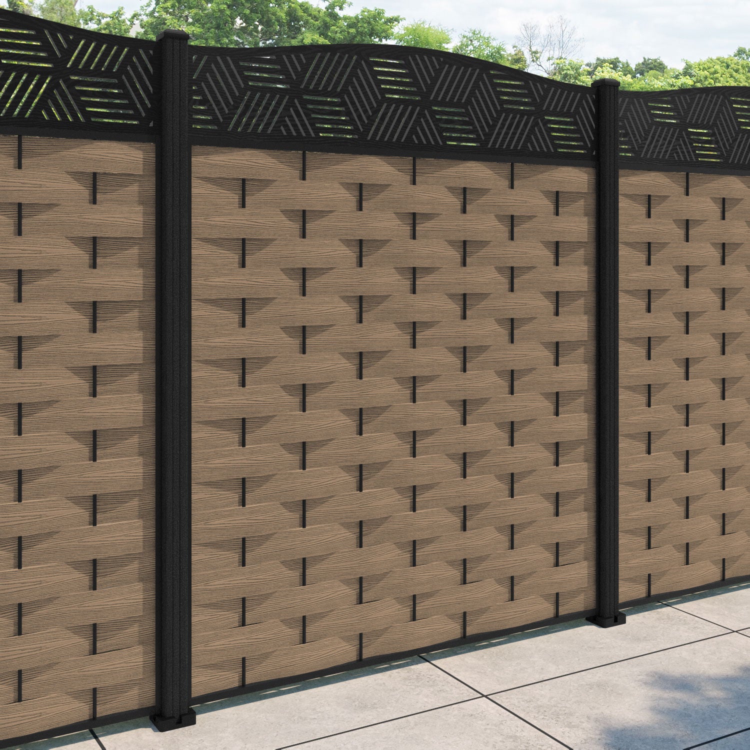 Ripple Cubed Curved Top Fence Panel - Teak - with our composite posts