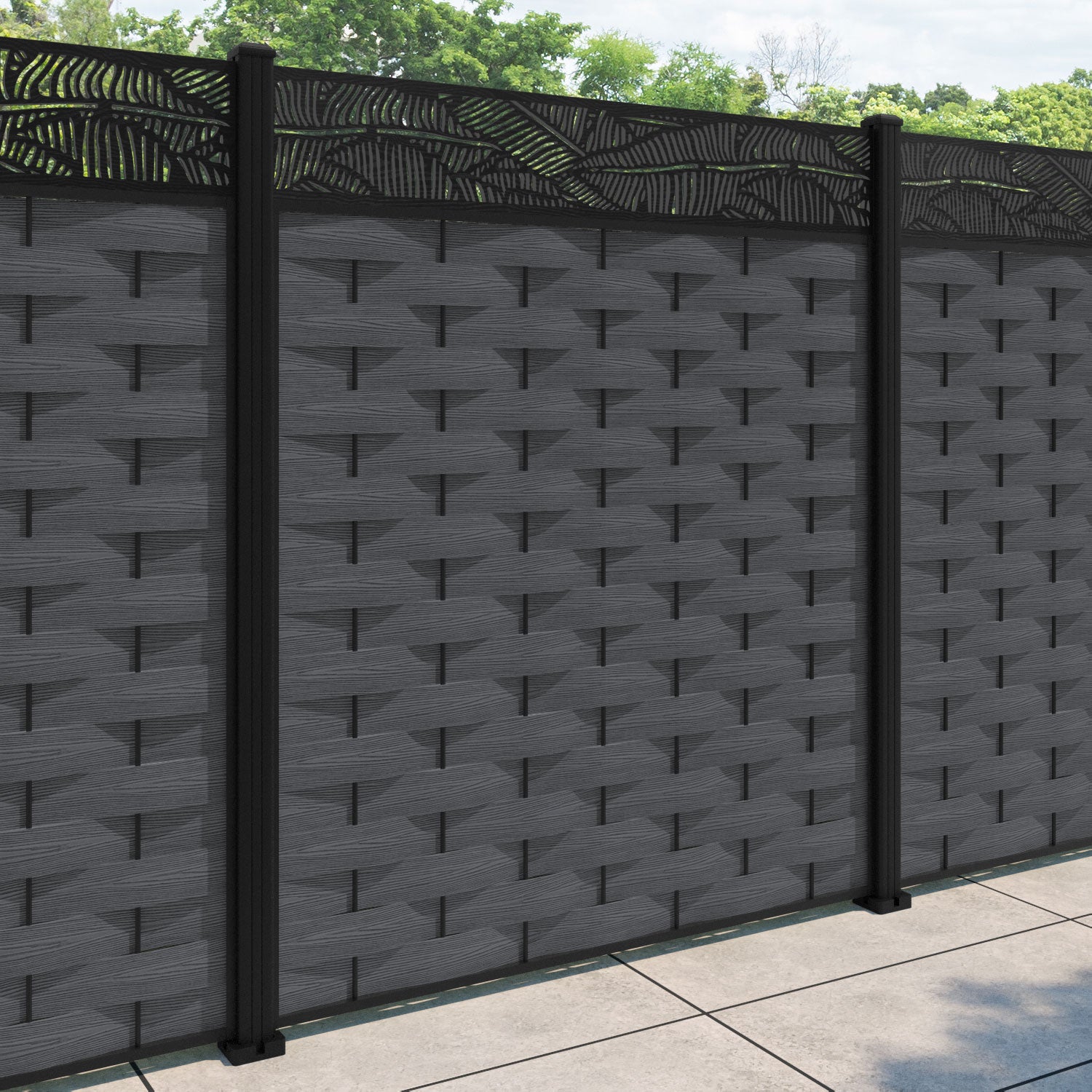 Ripple Feather Fence Panel - Dark Grey - with our aluminium posts