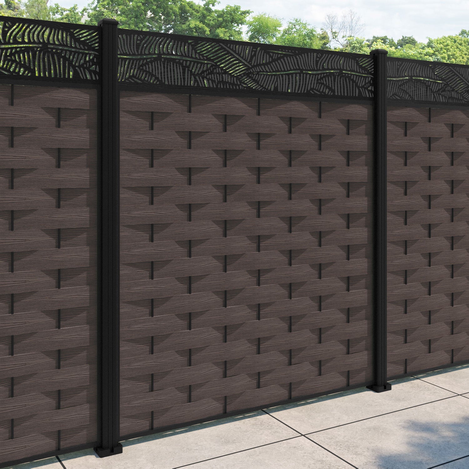 Ripple Feather Fence Panel - Mid Brown - with our aluminium posts