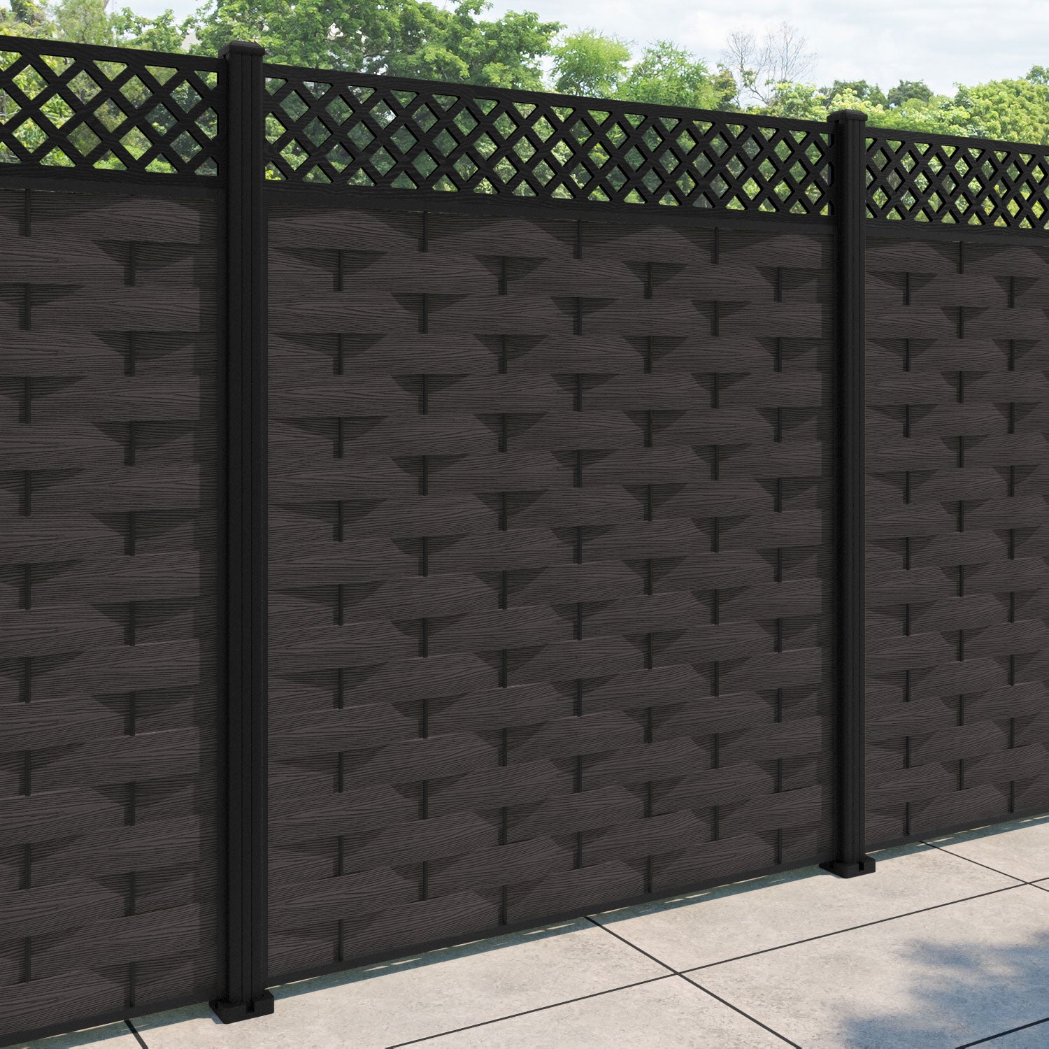 Ripple Hive Fence Panel - Dark Oak - with our aluminium posts