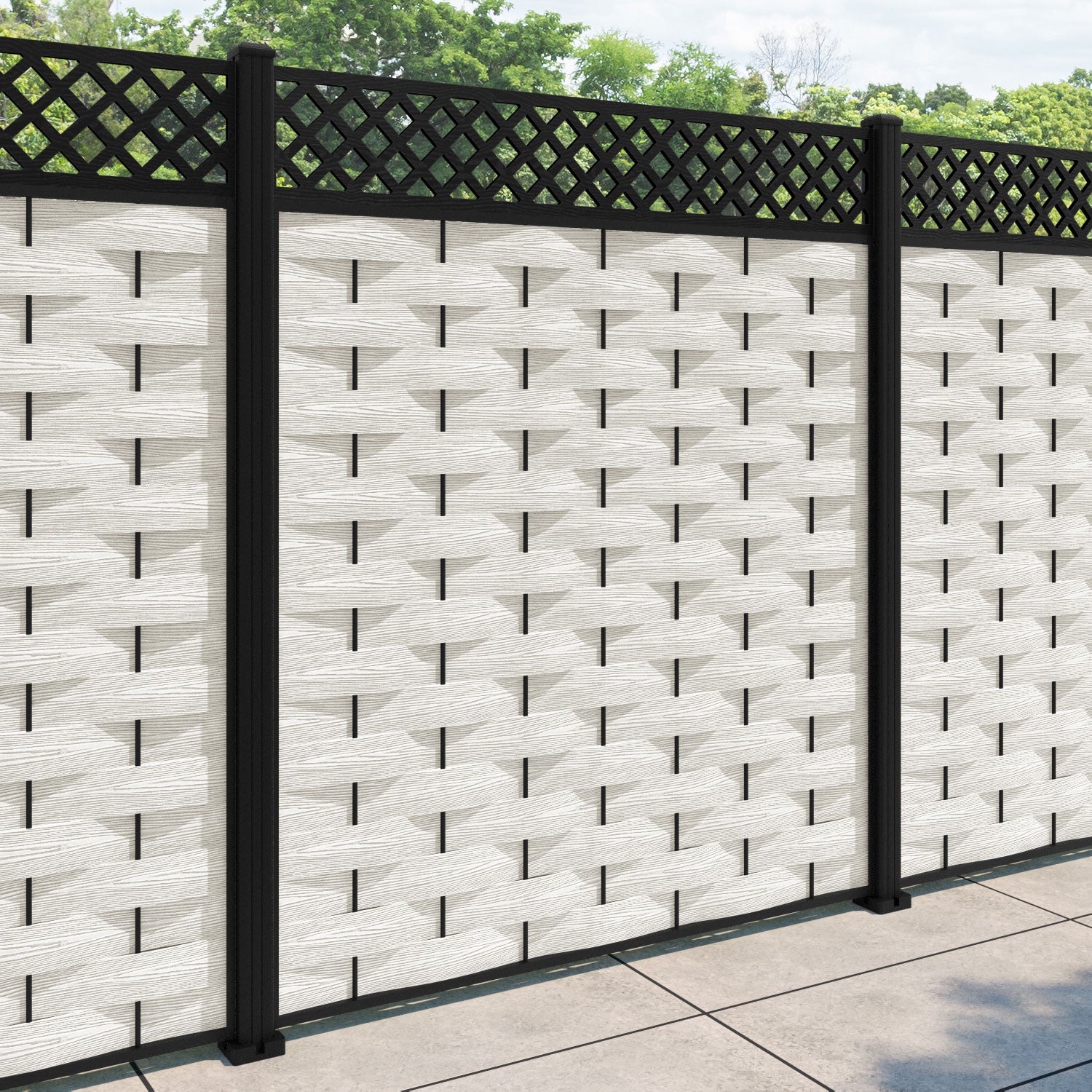 Ripple Hive Fence Panel - Light Stone - with our aluminium posts
