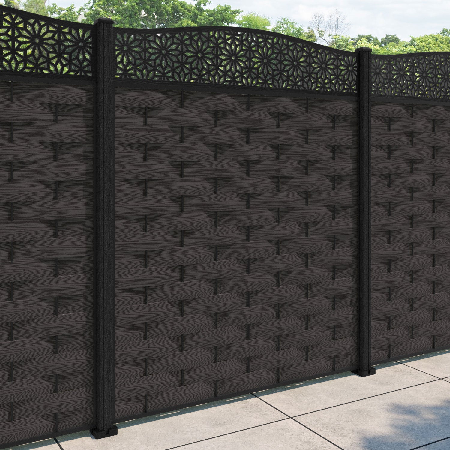 Ripple Narwa Curved Top Fence Panel - Dark Oak - with our composite posts
