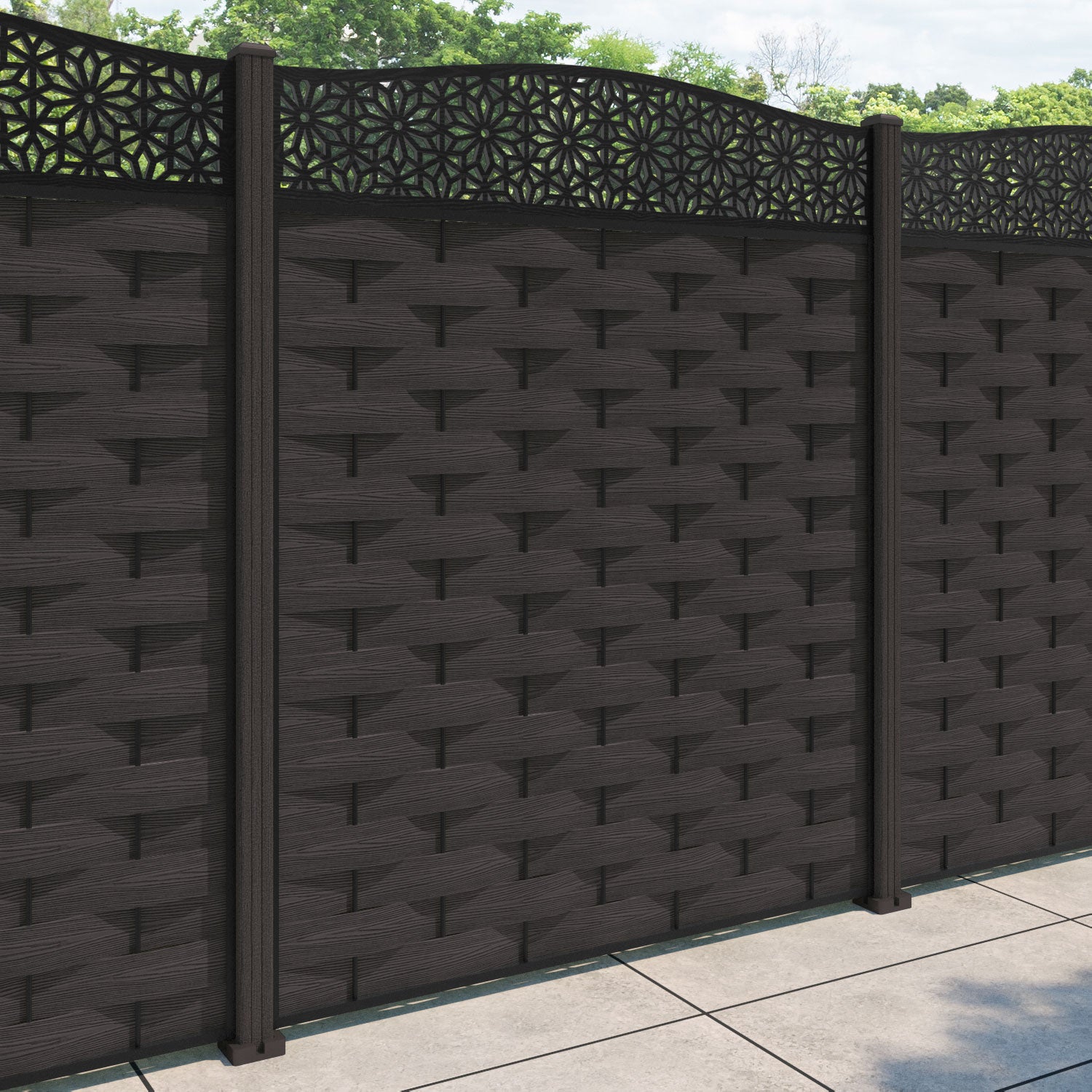 Ripple Narwa Curved Top Fence Panel - Dark Oak - with our composite posts
