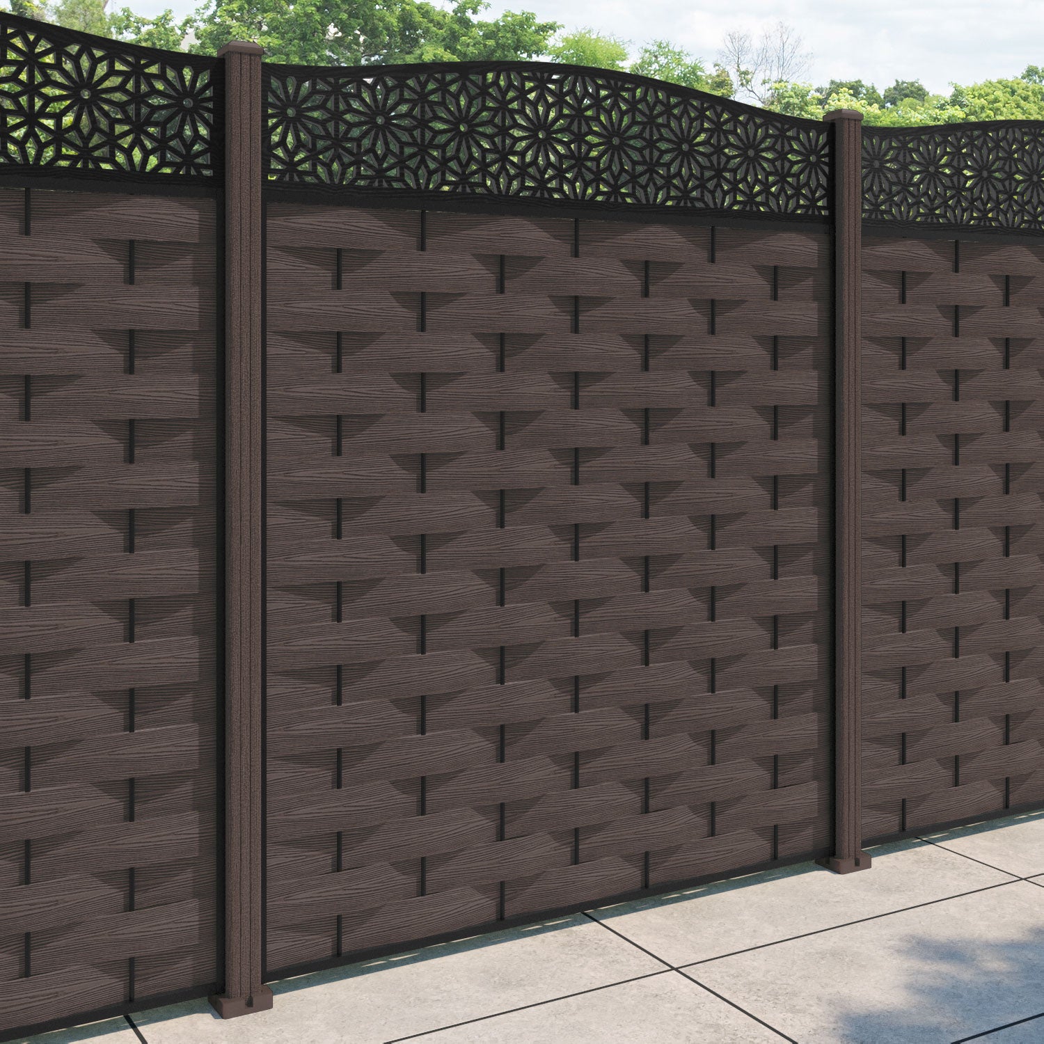 Ripple Narwa Curved Top Fence Panel - Mid Brown - with our composite posts