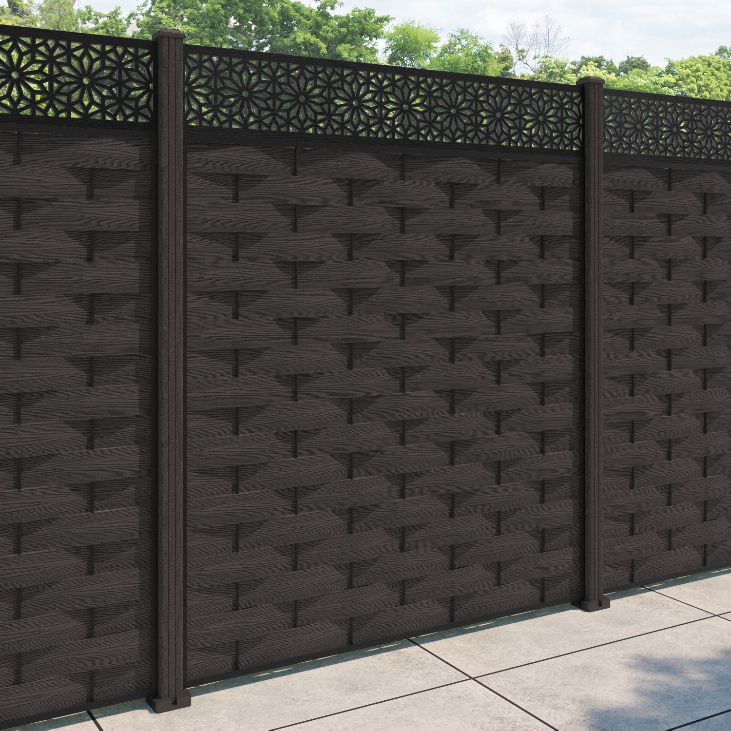Ripple Narwa Fence Panel - Dark Oak - with our composite posts