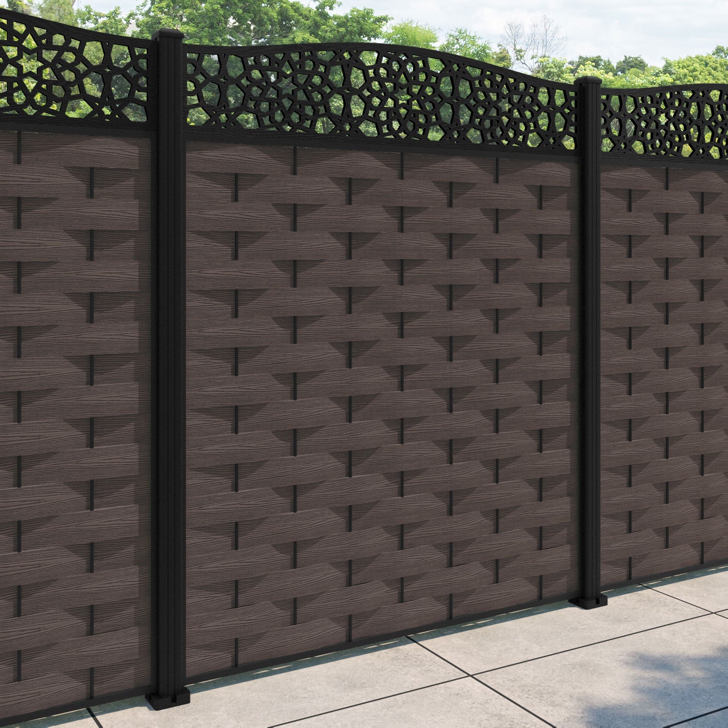 Ripple Nazira Curved Top Fence Panel - Mid Brown - with our aluminium posts