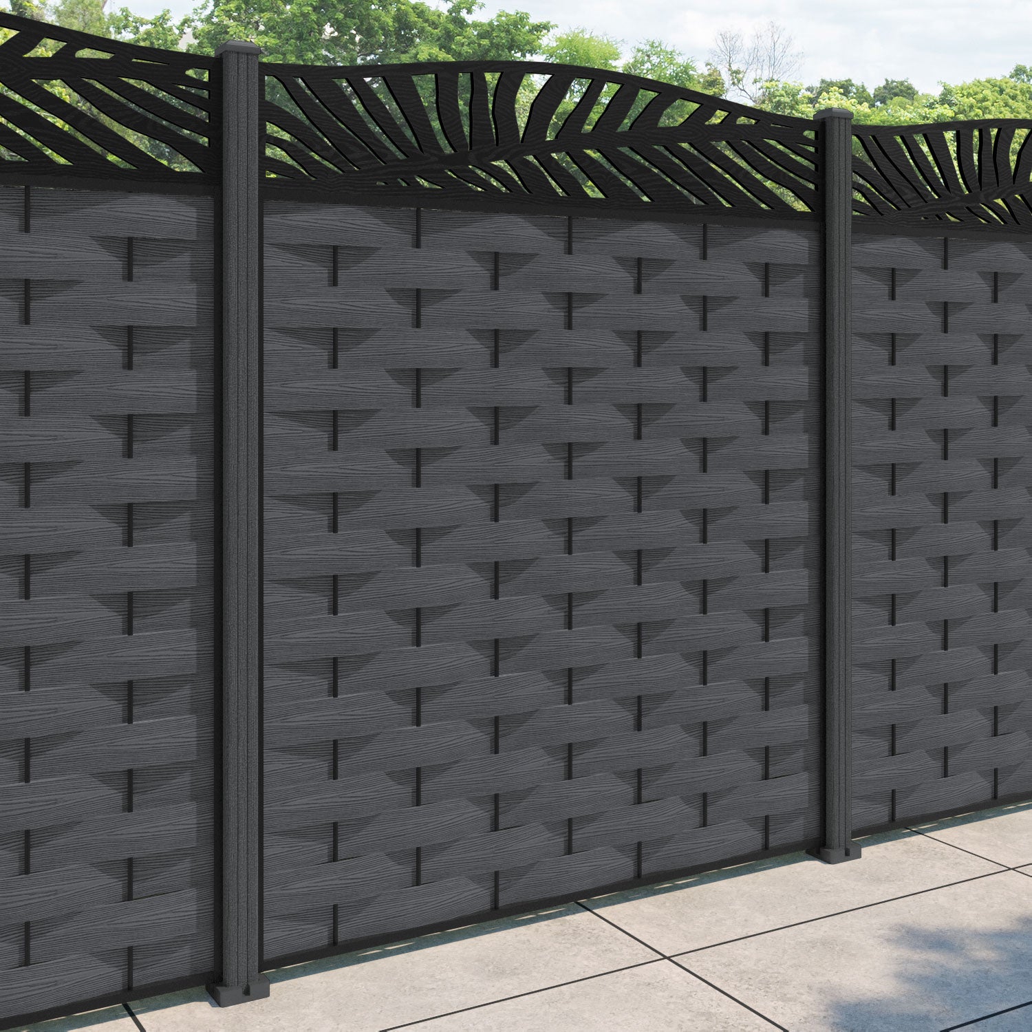 Ripple Palm Curved Top Fence Panel - Dark Grey - with our composite posts