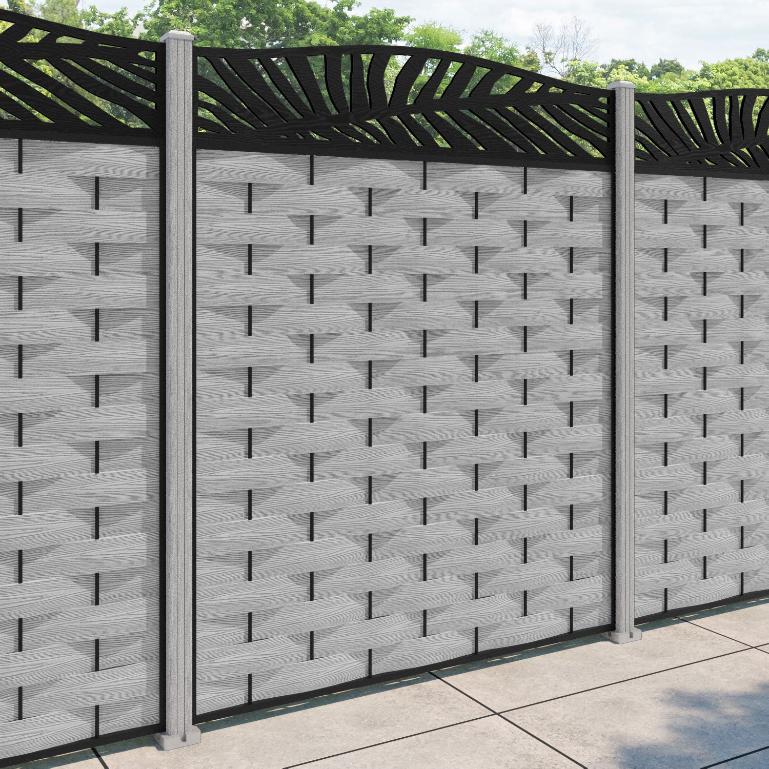 Ripple Palm Curved Top Fence Panel - Light Grey - with our composite posts