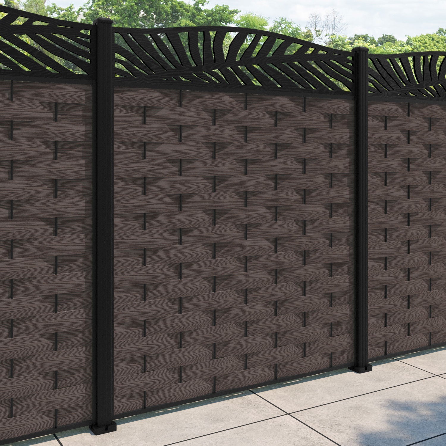 Ripple Palm Curved Top Fence Panel - Mid Brown - with our aluminium posts