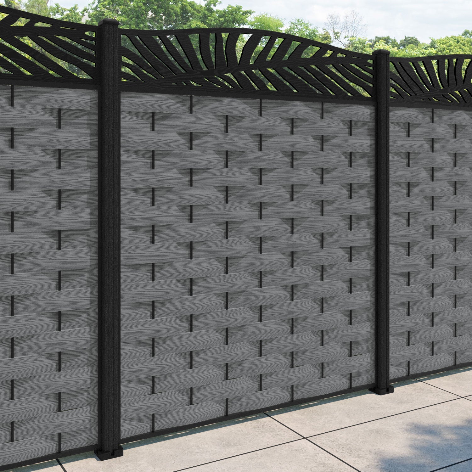 Ripple Palm Curved Top Fence Panel - Mid Grey - with our composite posts