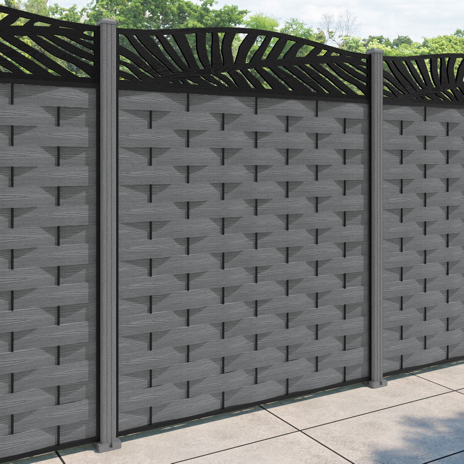 Ripple Palm Curved Top Fence Panel - Mid Grey - with our composite posts