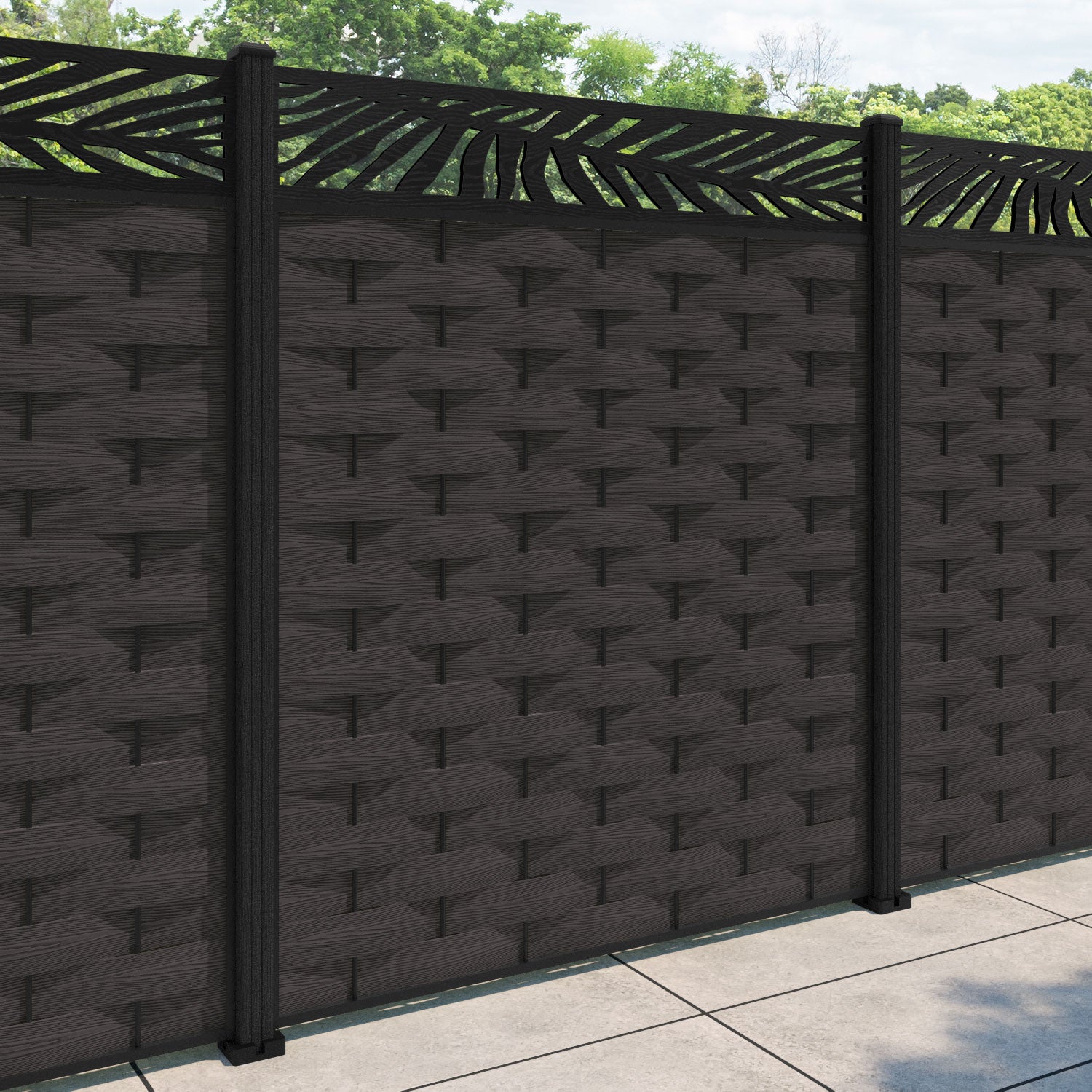 Ripple Palm Fence Panel - Dark Oak - with our composite posts