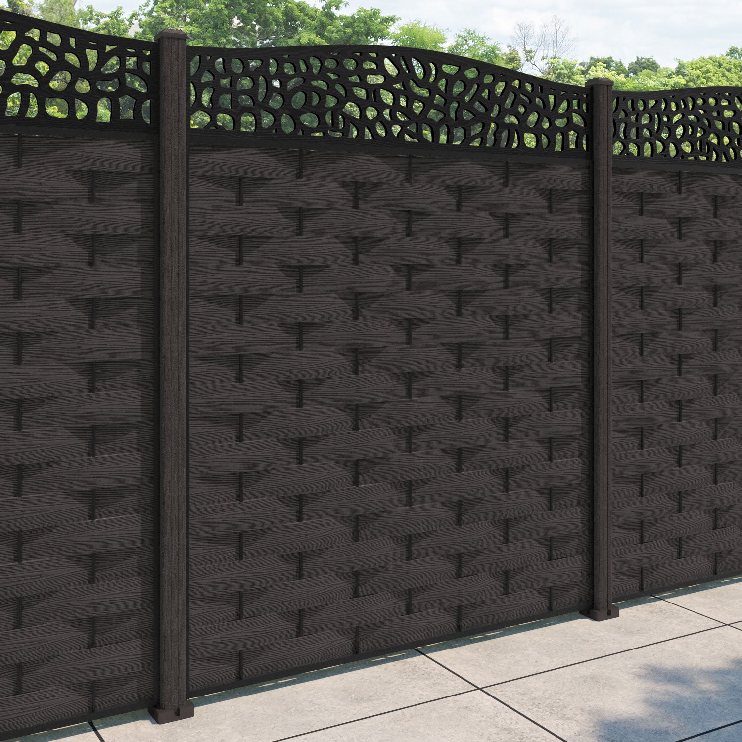 Ripple Pebble Curved Top Fence Panel - Dark Oak - with our composite posts