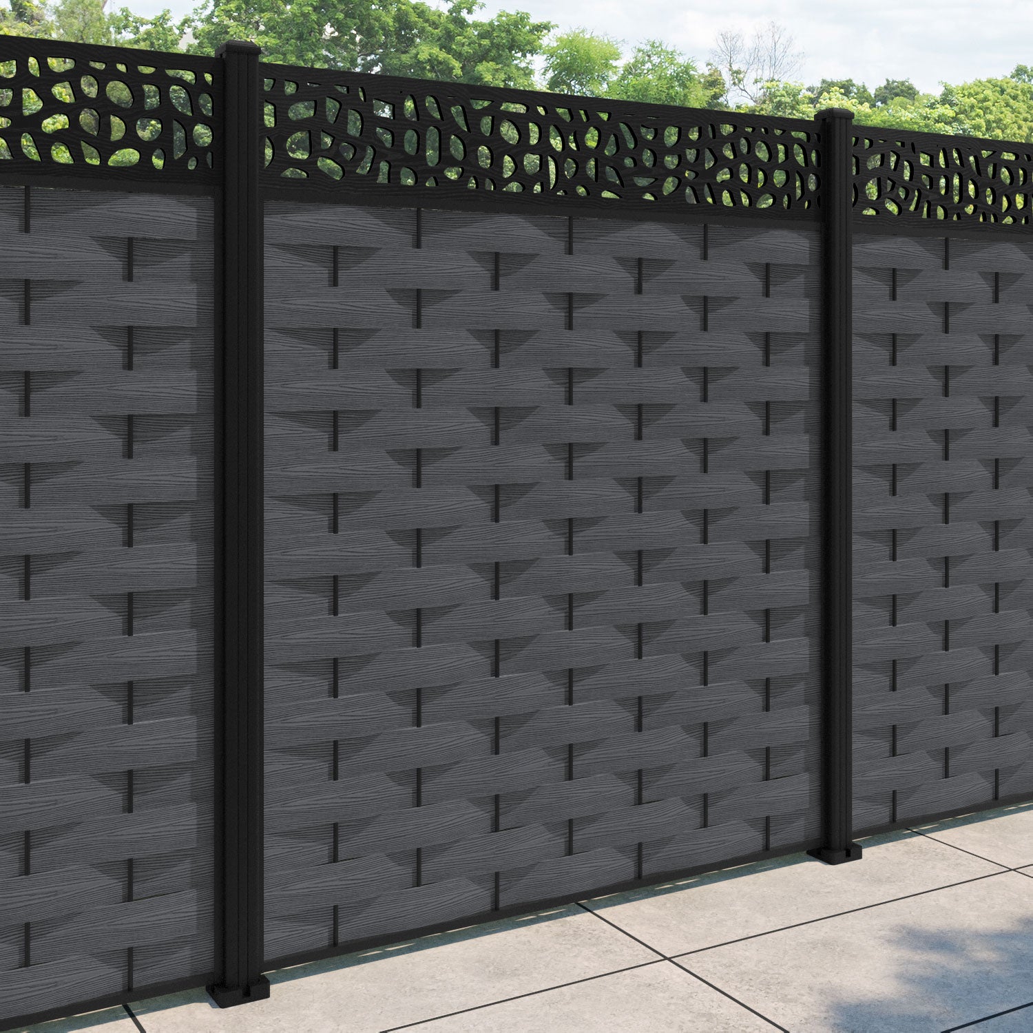 Ripple Pebble Fence Panel - Dark Grey - with our aluminium posts