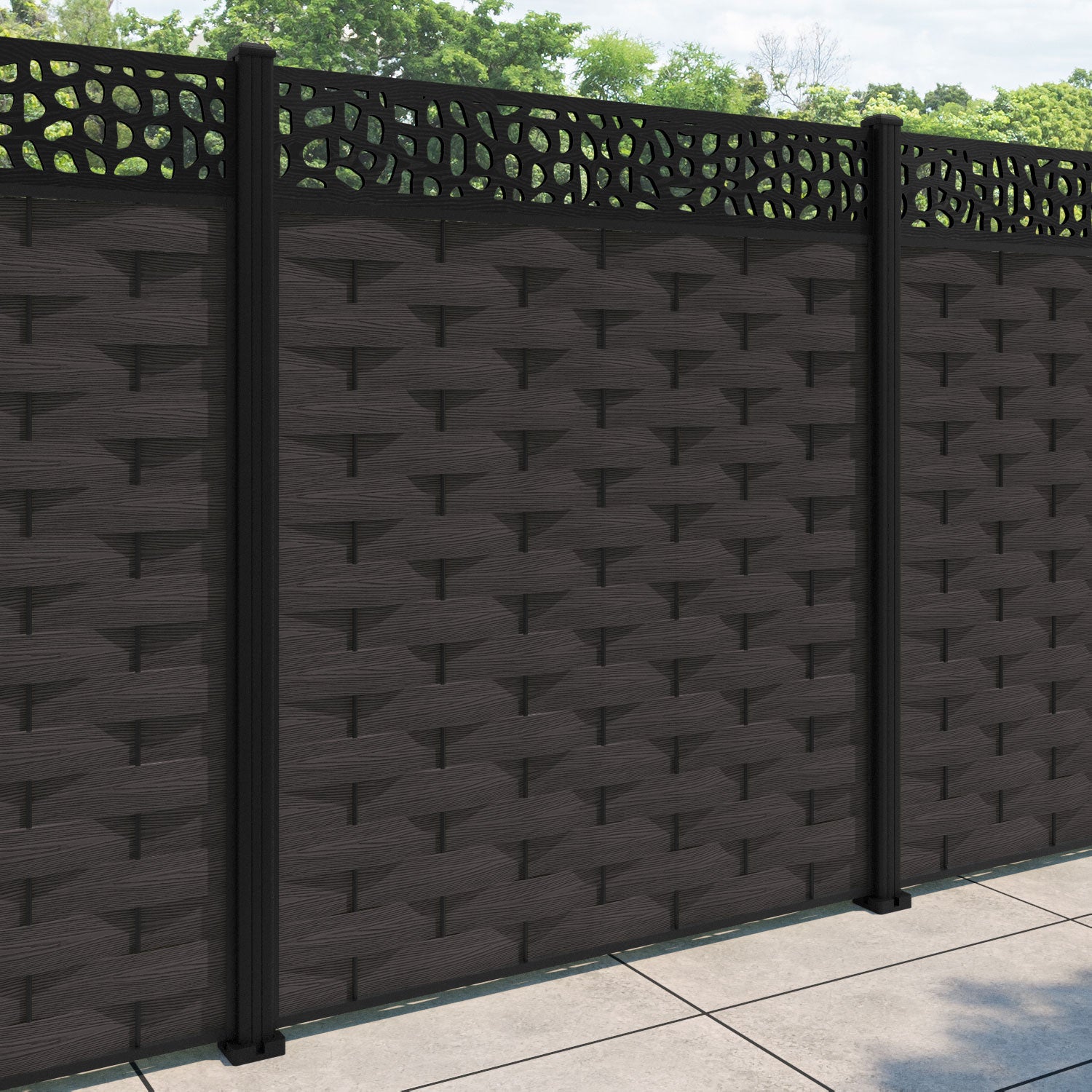 Ripple Pebble Fence Panel - Dark Oak - with our aluminium posts