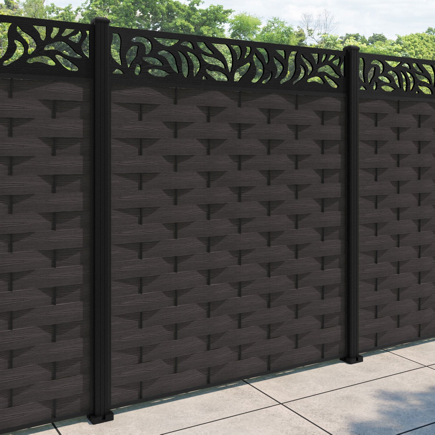 Ripple Plume Fence Panel - Dark Oak - with our aluminium posts