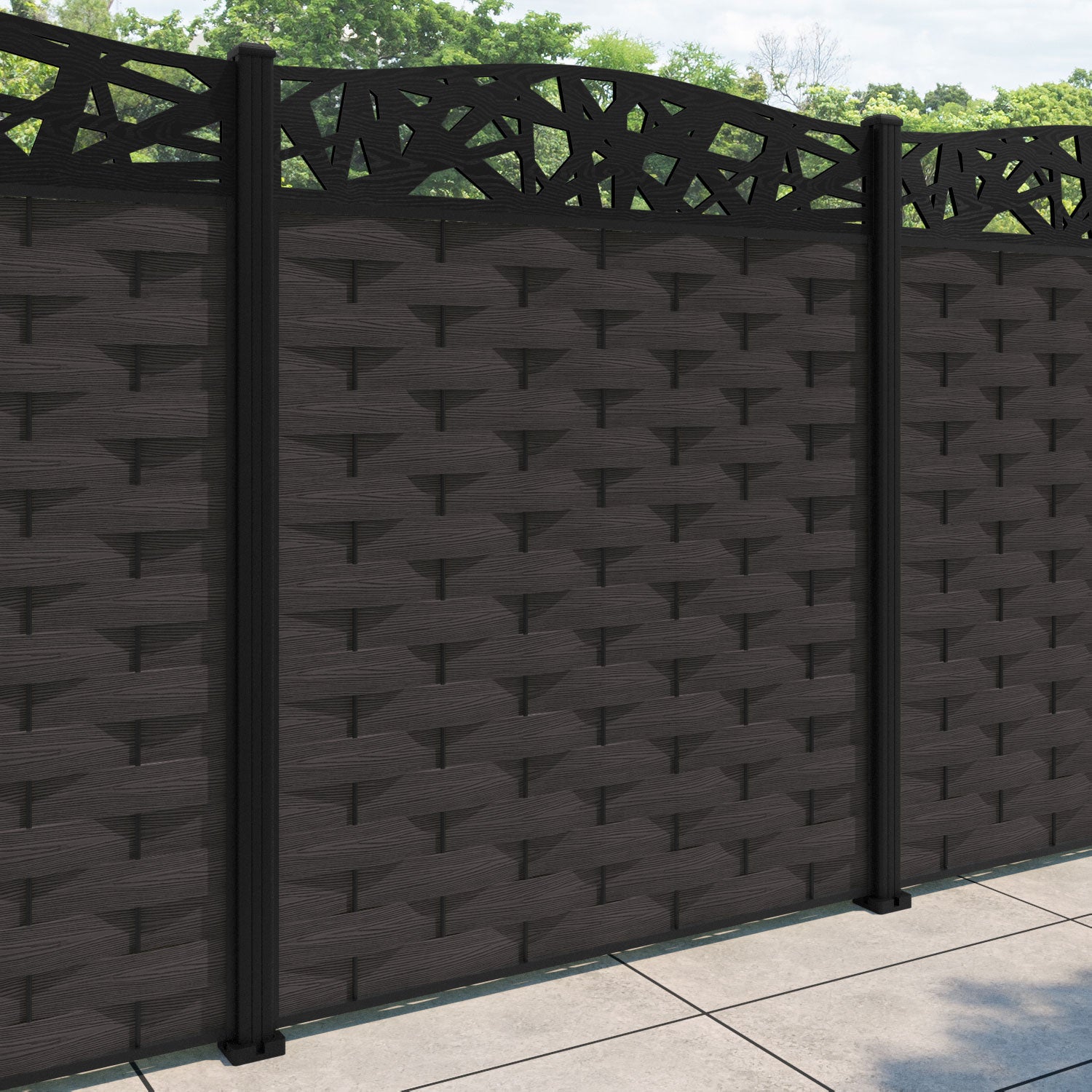 Ripple Prism Curved Top Fence Panel - Dark Oak - with our aluminium posts