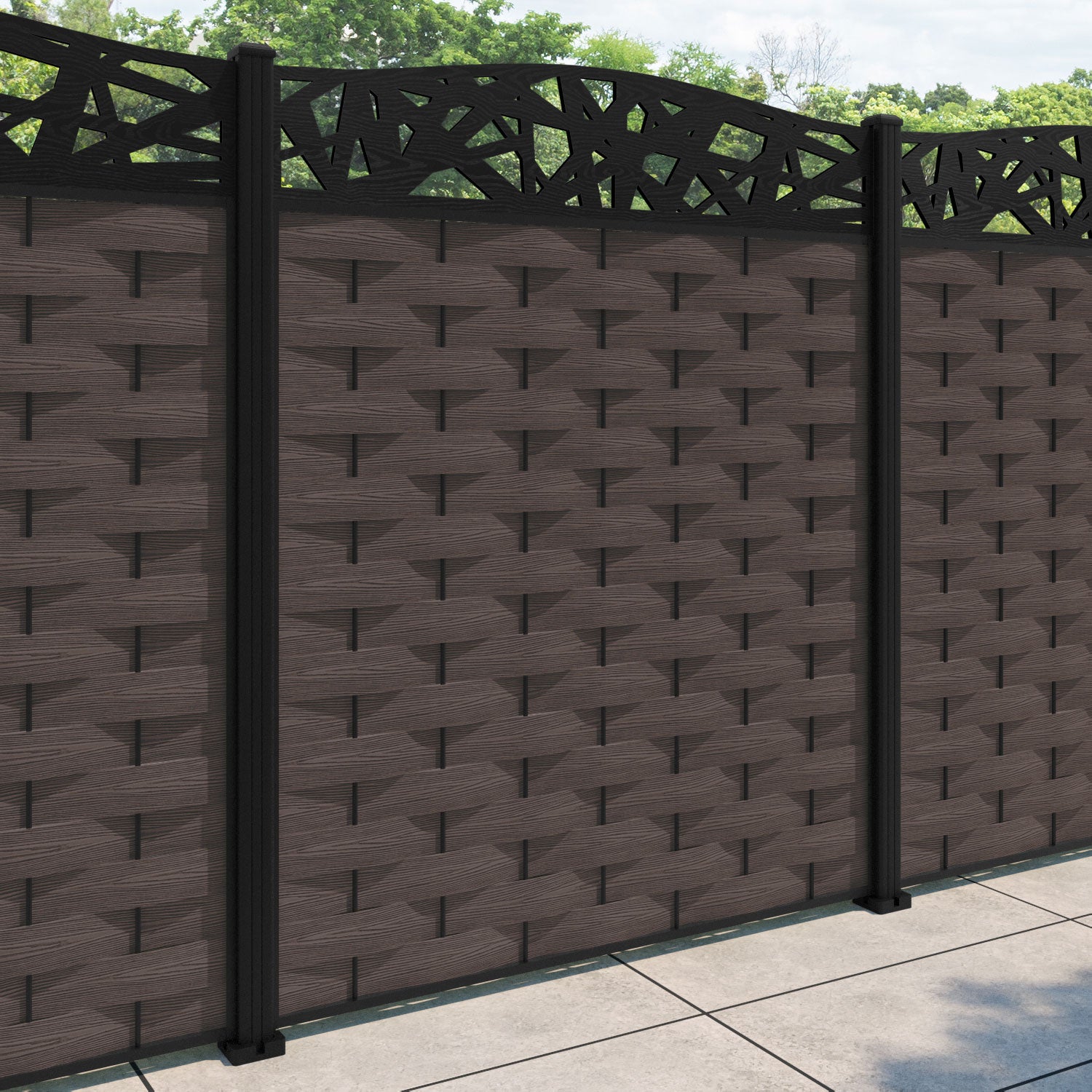 Ripple Prism Curved Top Fence Panel - Mid Brown - with our aluminium posts