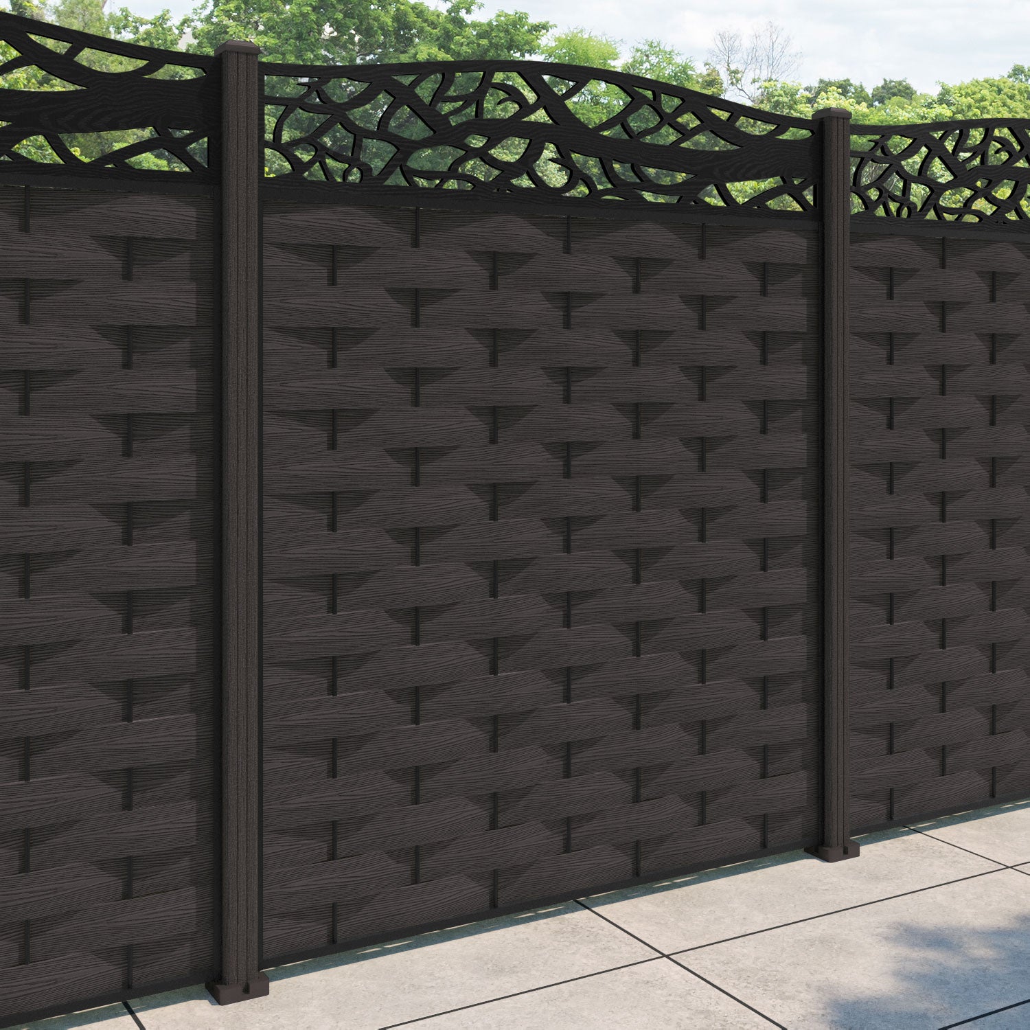 Ripple Twilight Curved Top Fence Panel - Dark Oak - with our composite posts