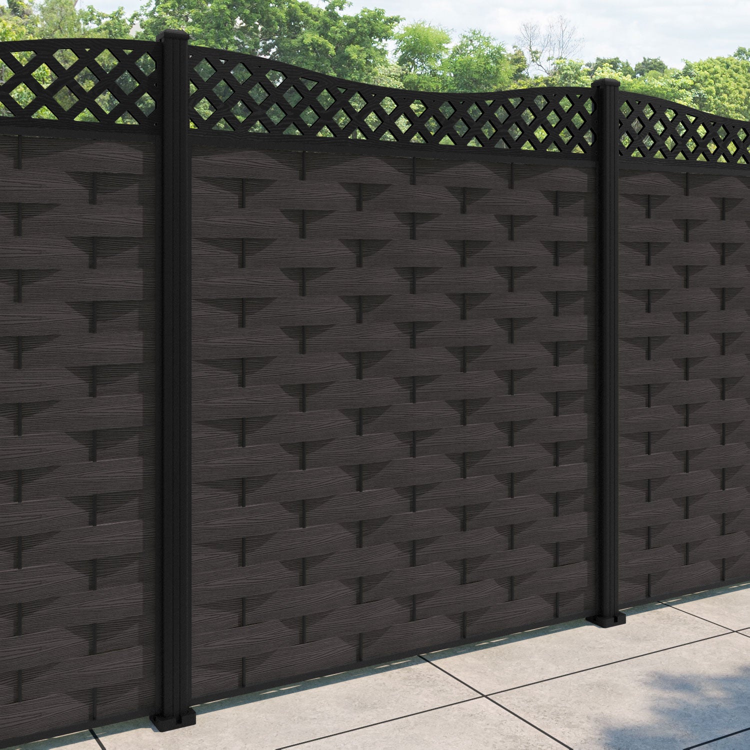 Ripple Low Wave Fence Panel - Dark Oak - with our aluminium posts