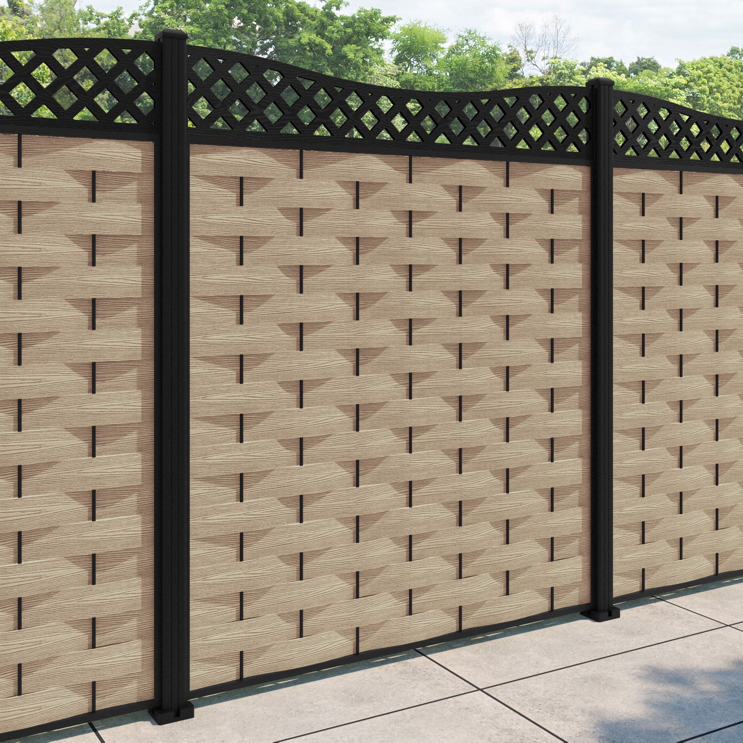 Ripple Low Wave Fence Panel - Light Oak - with our aluminium posts