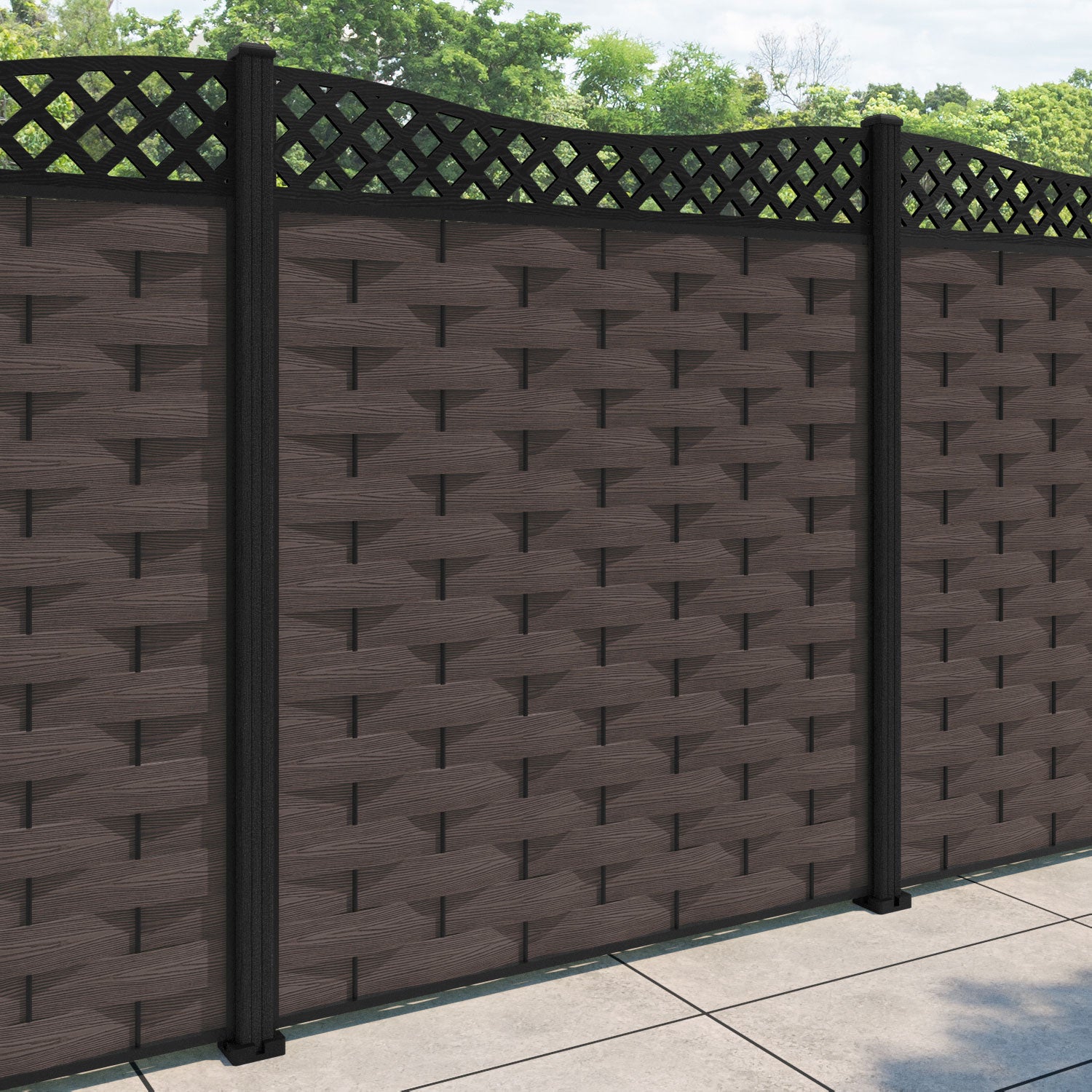 Ripple Low Wave Fence Panel - Mid Brown - with our composite posts