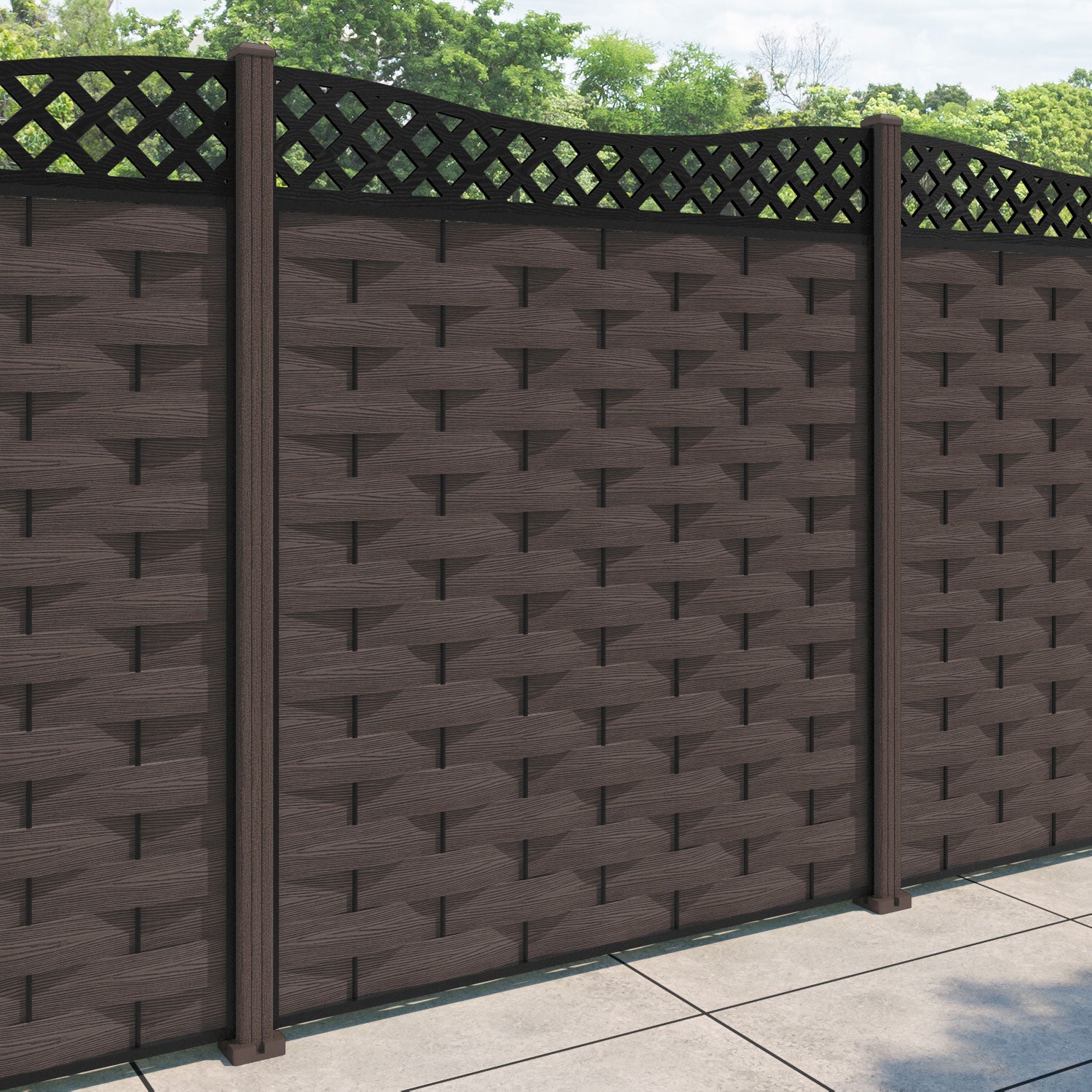Ripple Low Wave Fence Panel - Mid Brown - with our composite posts