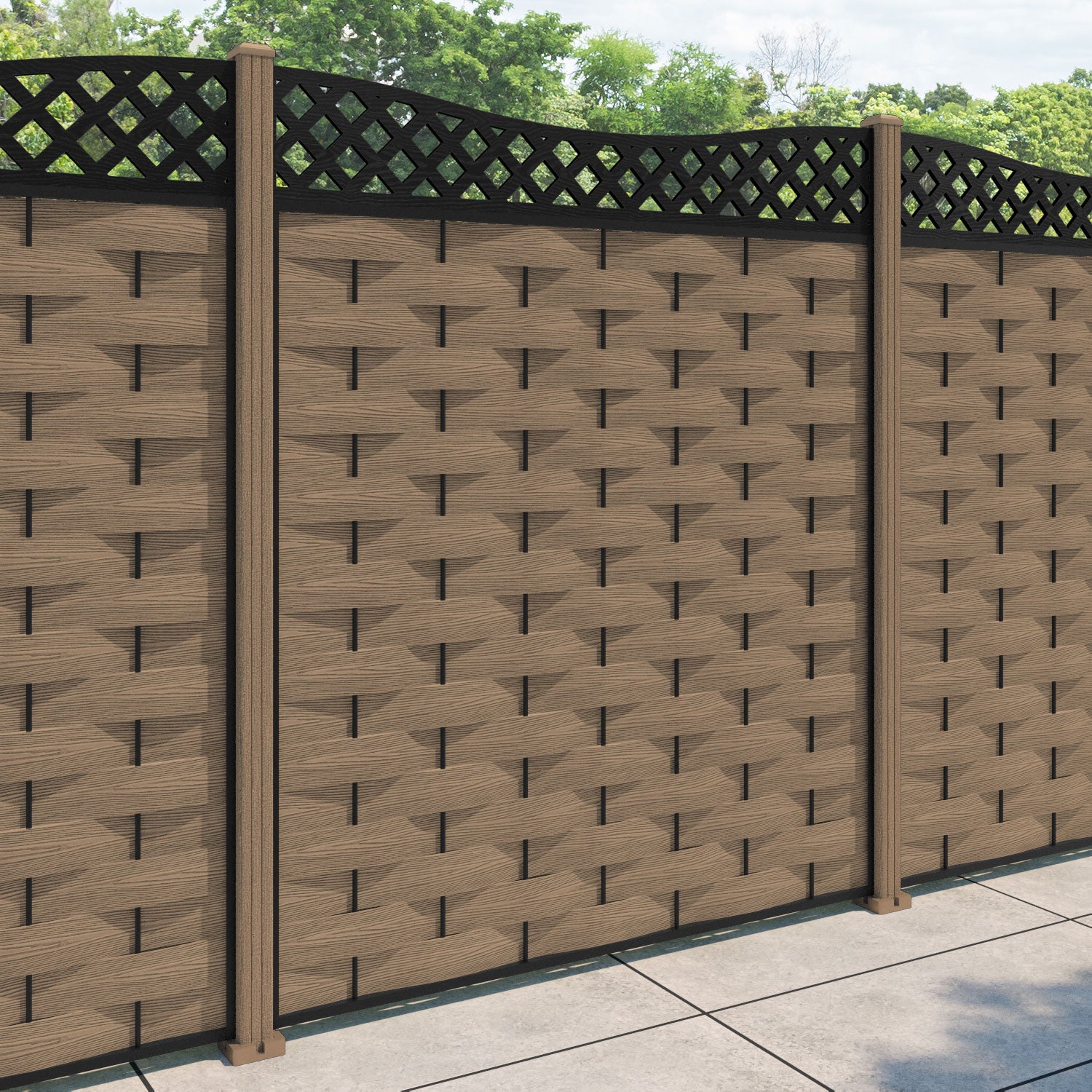 Ripple Low Wave Fence Panel - Teak - with our composite posts