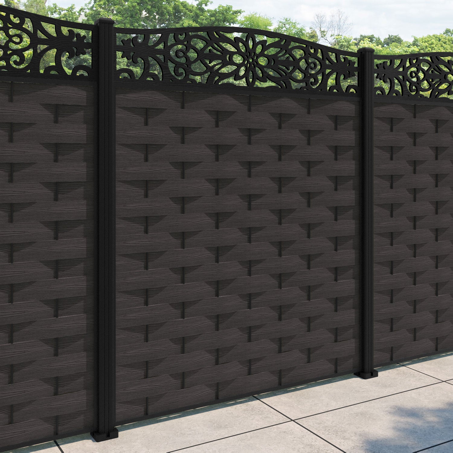 Ripple Windsor Curved Top Fence Panel - Dark Oak - with our aluminium posts