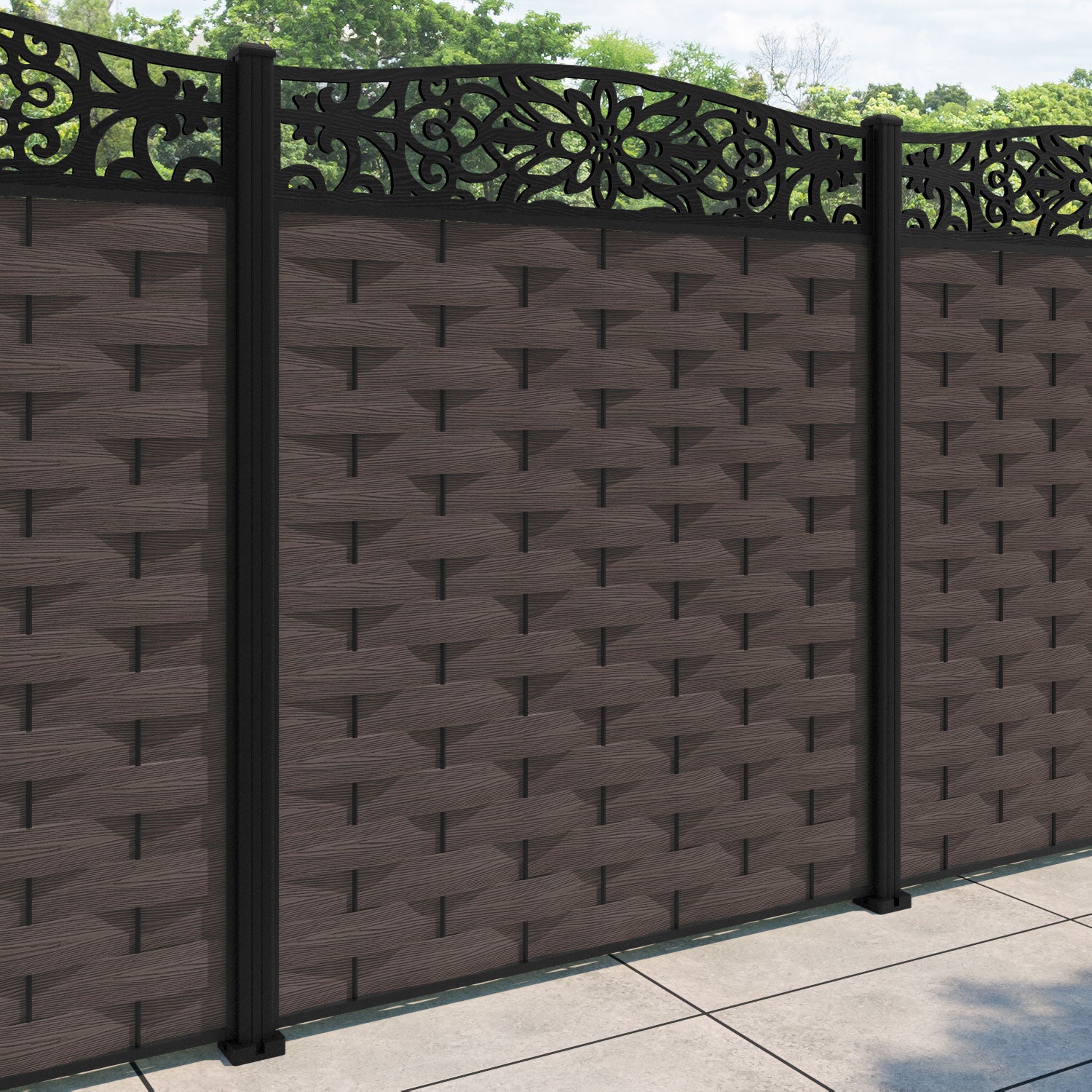 Ripple Windsor Curved Top Fence Panel - Mid Brown - with our aluminium posts