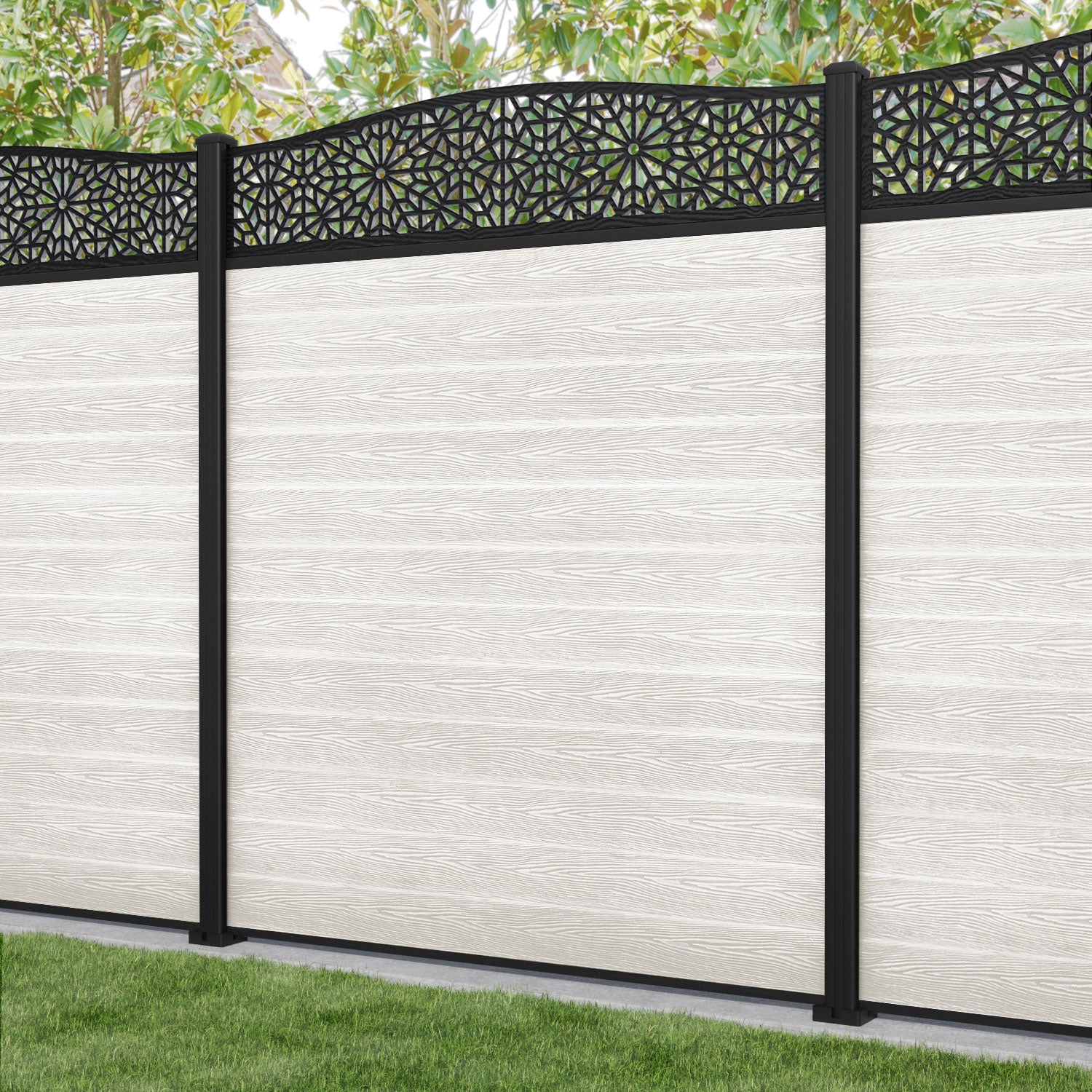 Classic Alnara Curved Top Fence Panel - Light Stone - with our aluminium posts