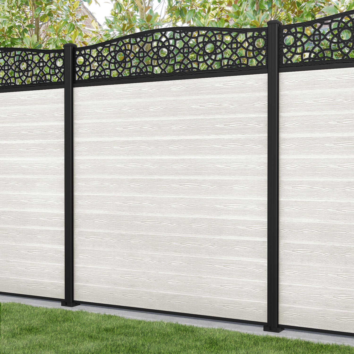 Classic Ambar Curved Top Fence Panel - Light Stone - with our aluminium posts