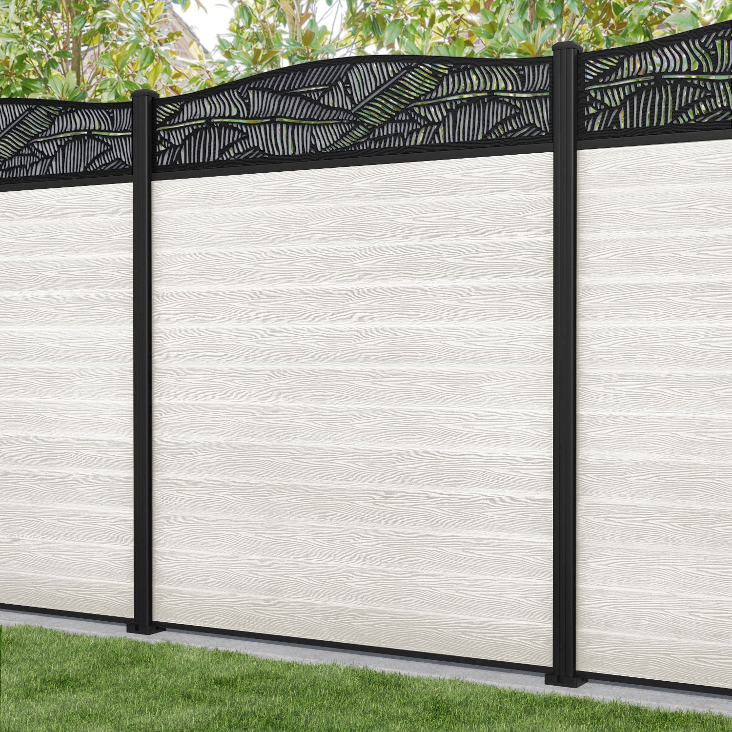 Classic Feather Curved Top Fence Panel - Light Stone - with our aluminium posts
