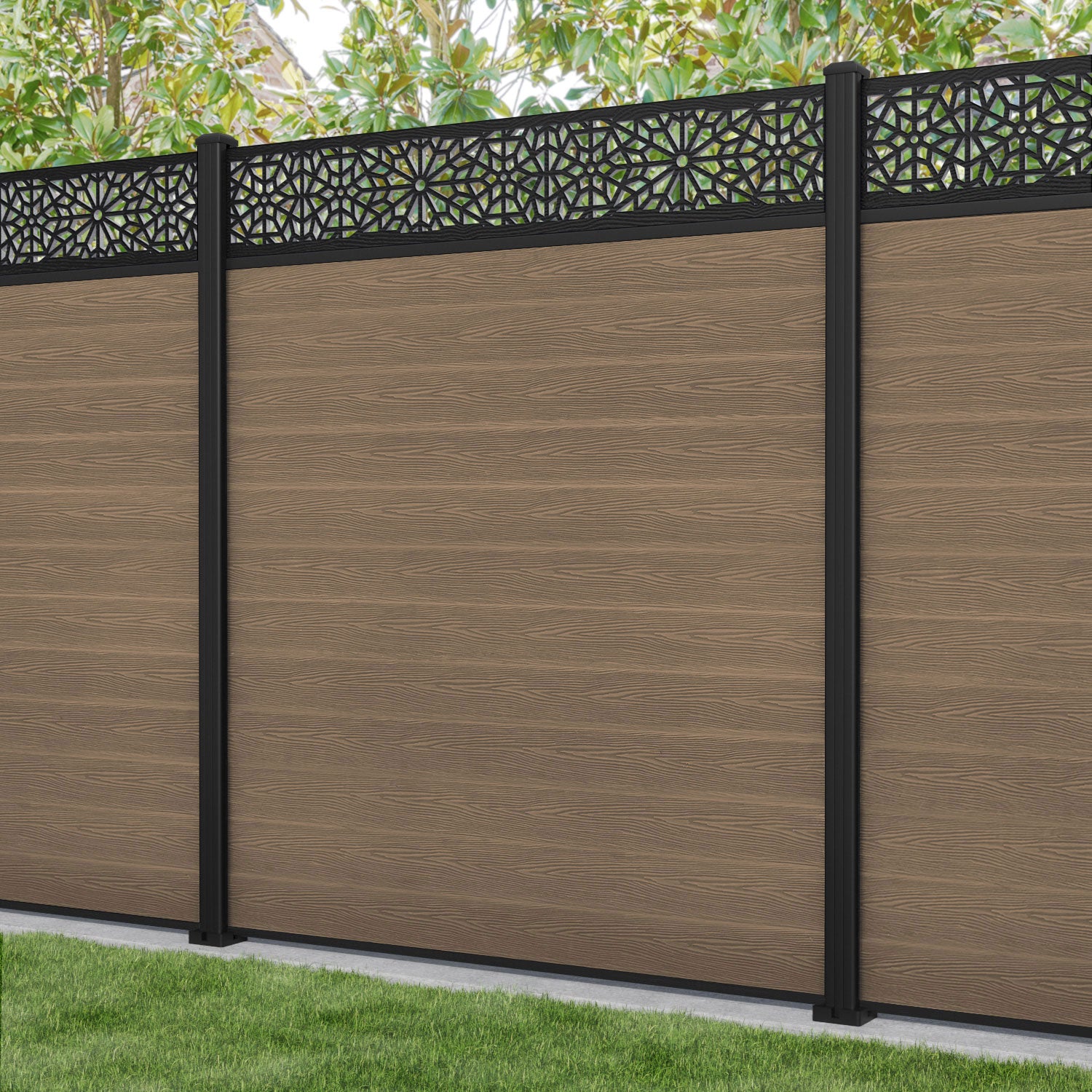Classic Alnara Fence Panel - Teak - with our aluminium posts