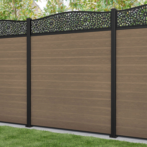 Classic Alnara Curved Top Fence Panel - Teak - with our aluminium posts