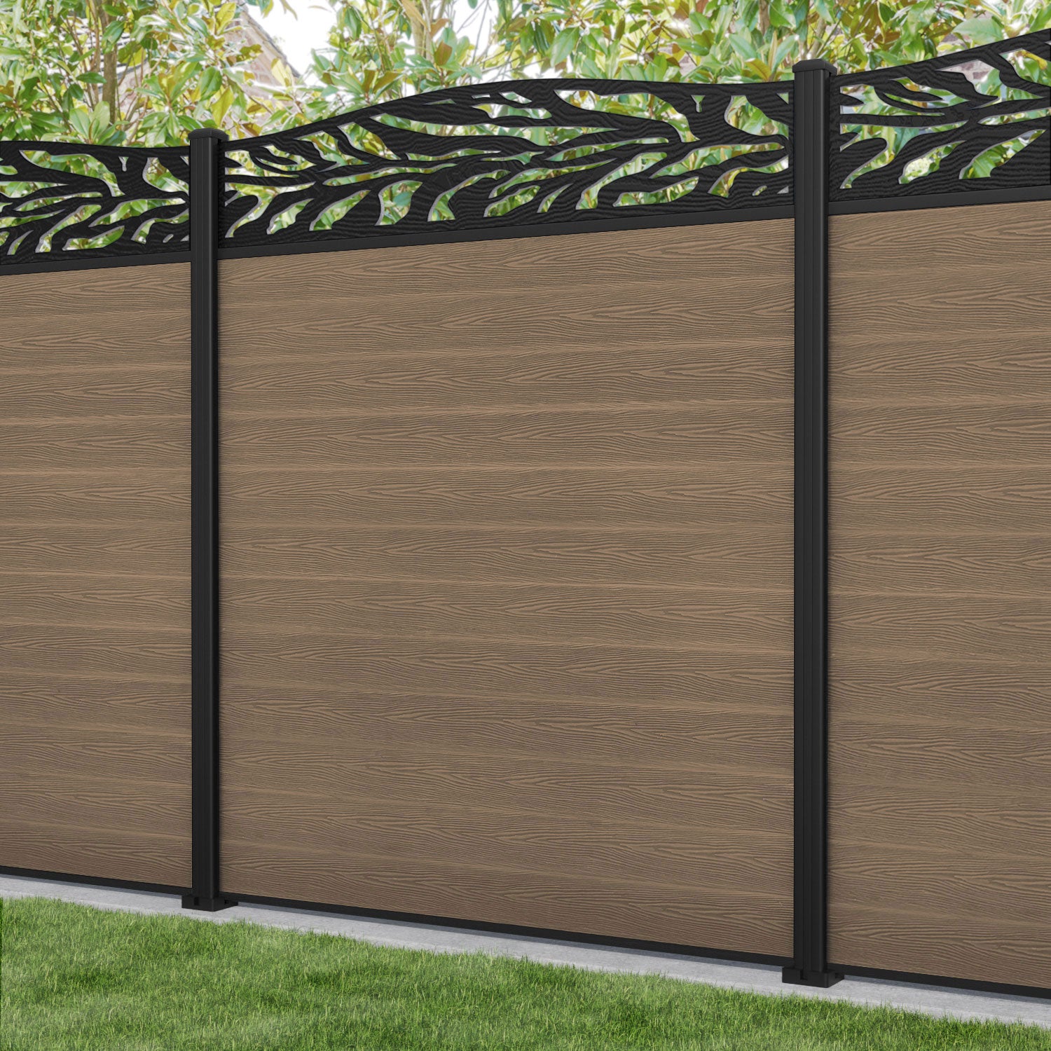 Classic Malawi Curved Top Fence Panel - Teak - with our aluminium posts