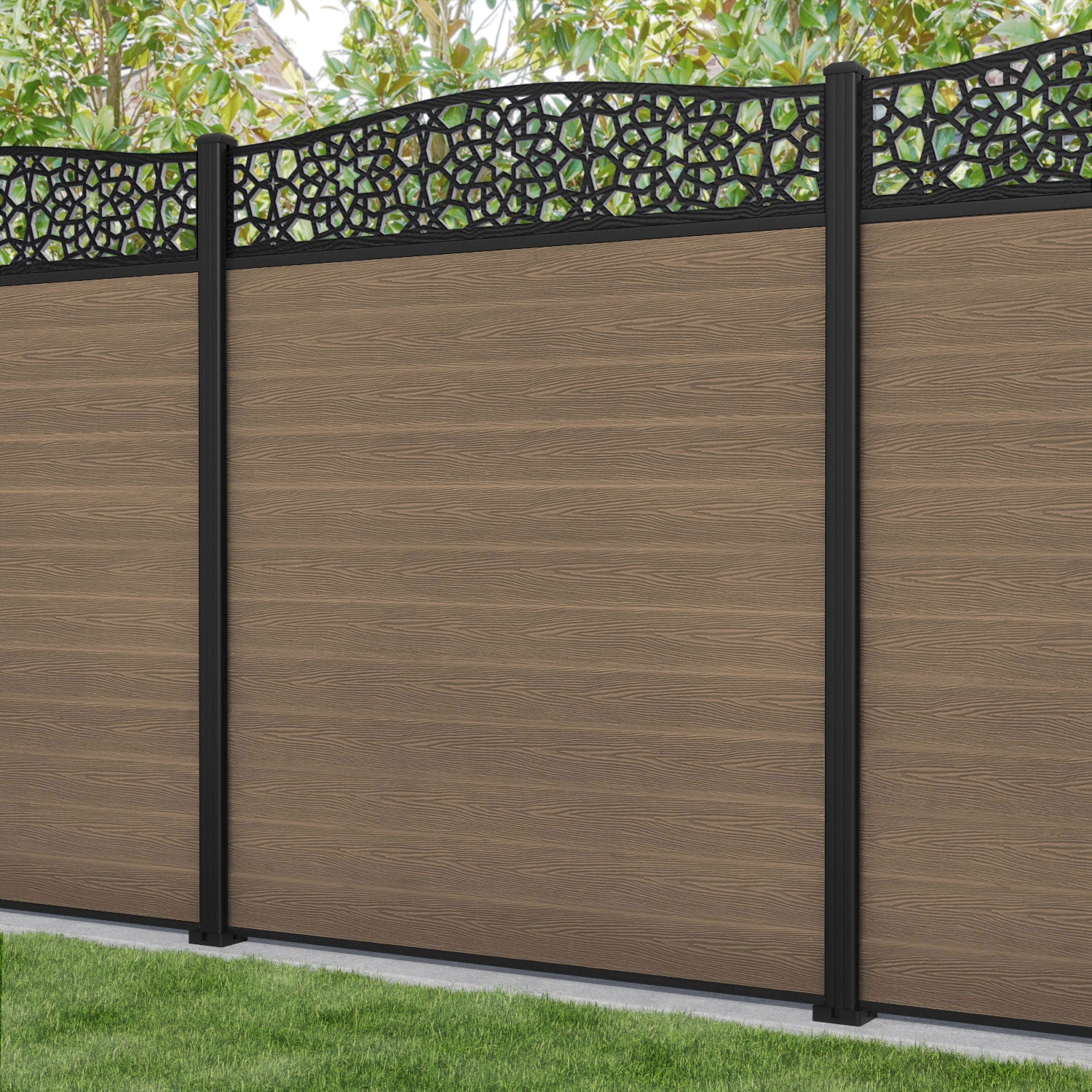 Classic Nazira Curved Top Fence Panel - Teak - with our aluminium posts