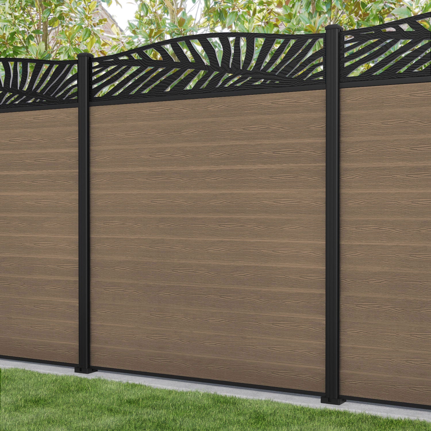 Classic Palm Curved Top Fence Panel - Teak - with our aluminium posts