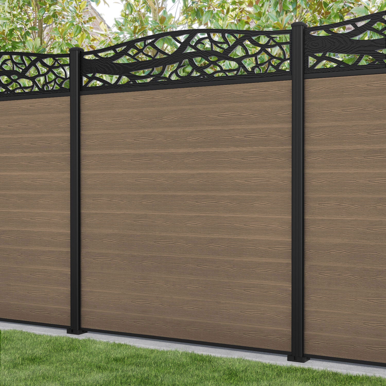 Classic Twilight Curved Top Fence Panel - Teak - with our aluminium posts