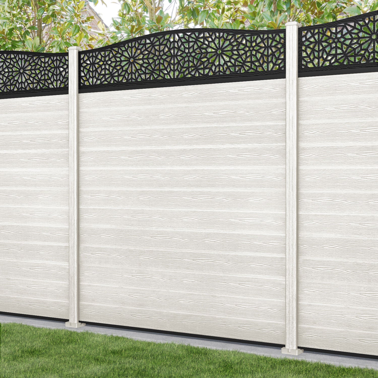 Classic Alnara Curved Top Fence Panel - Light Stone - with our composite posts