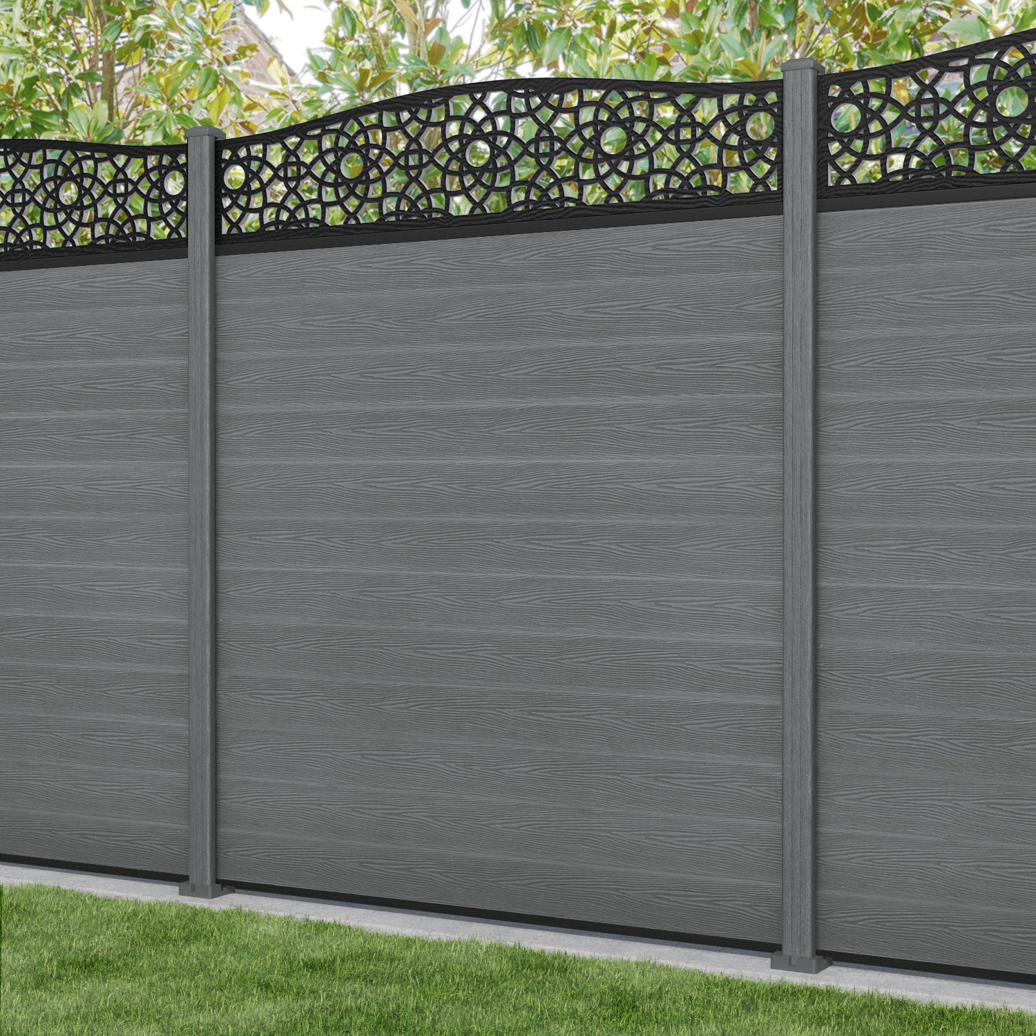 Classic Ambar Curved Top Fence Panel - Mid Grey - with our composite posts
