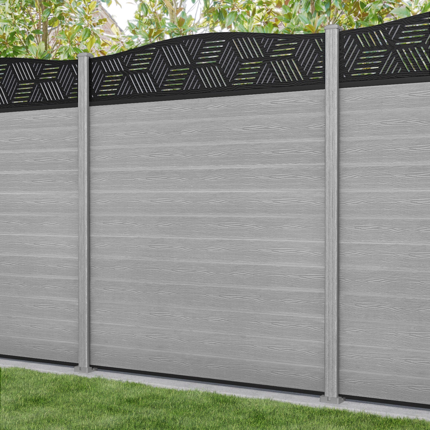Classic Cubed Curved Top Fence Panel - Light Grey - with our composite posts