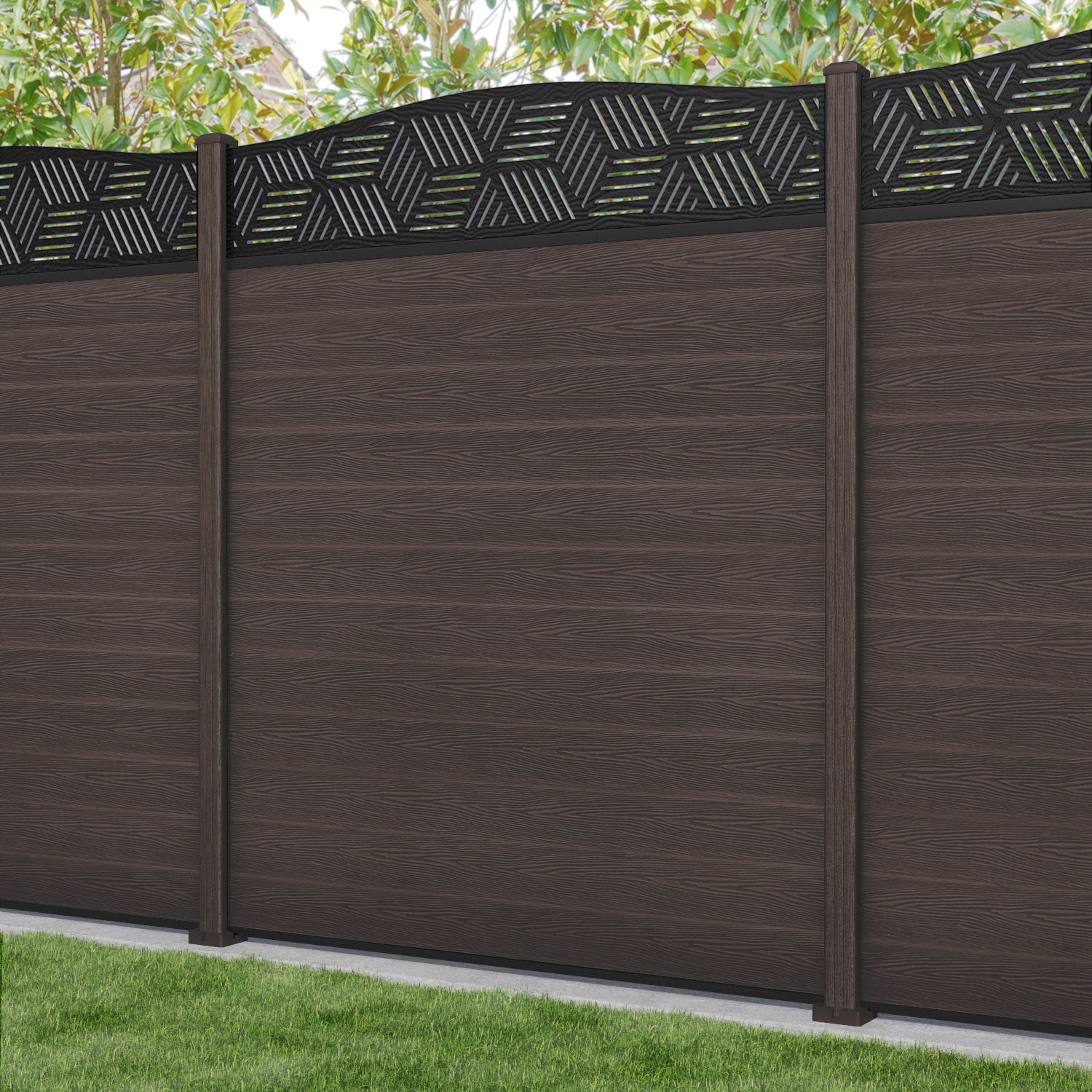 Classic Cubed Curved Top Fence Panel - Mid Brown - with our composite posts