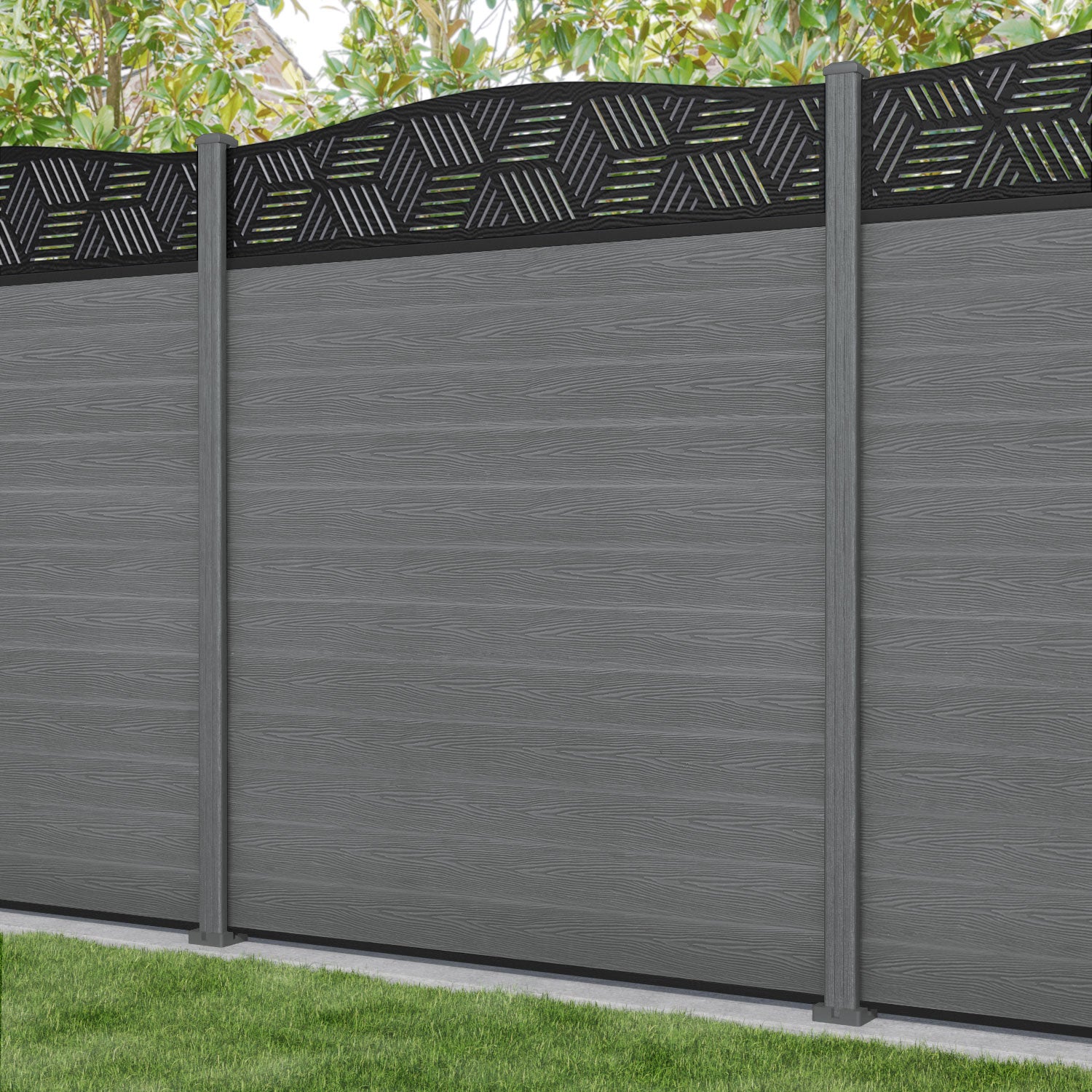 Classic Cubed Curved Top Fence Panel - Mid Grey - with our composite posts