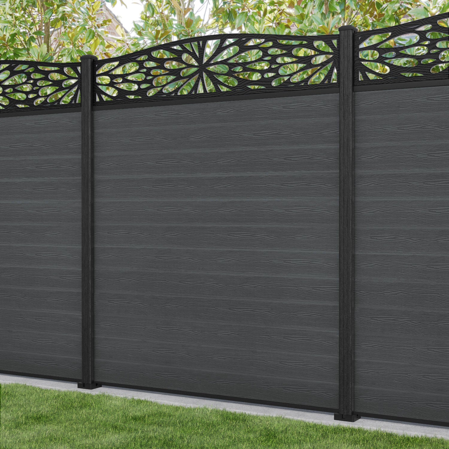 Classic Blossom Curved Top Fence Panel - Dark Grey - with our composite posts
